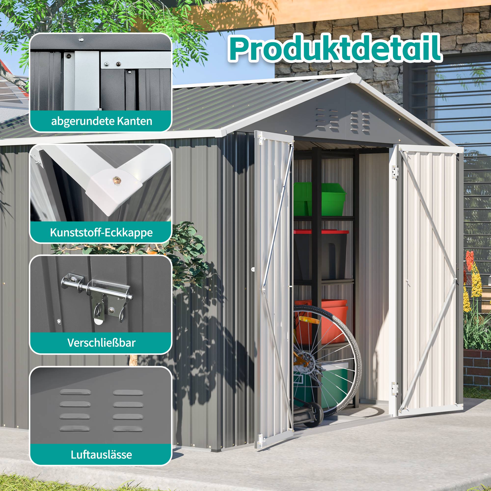 Abri Jardin Métal 4,1m² Rangement Outils Double Porte Anthracite - ComfortXL Outdoor Living - Image 4