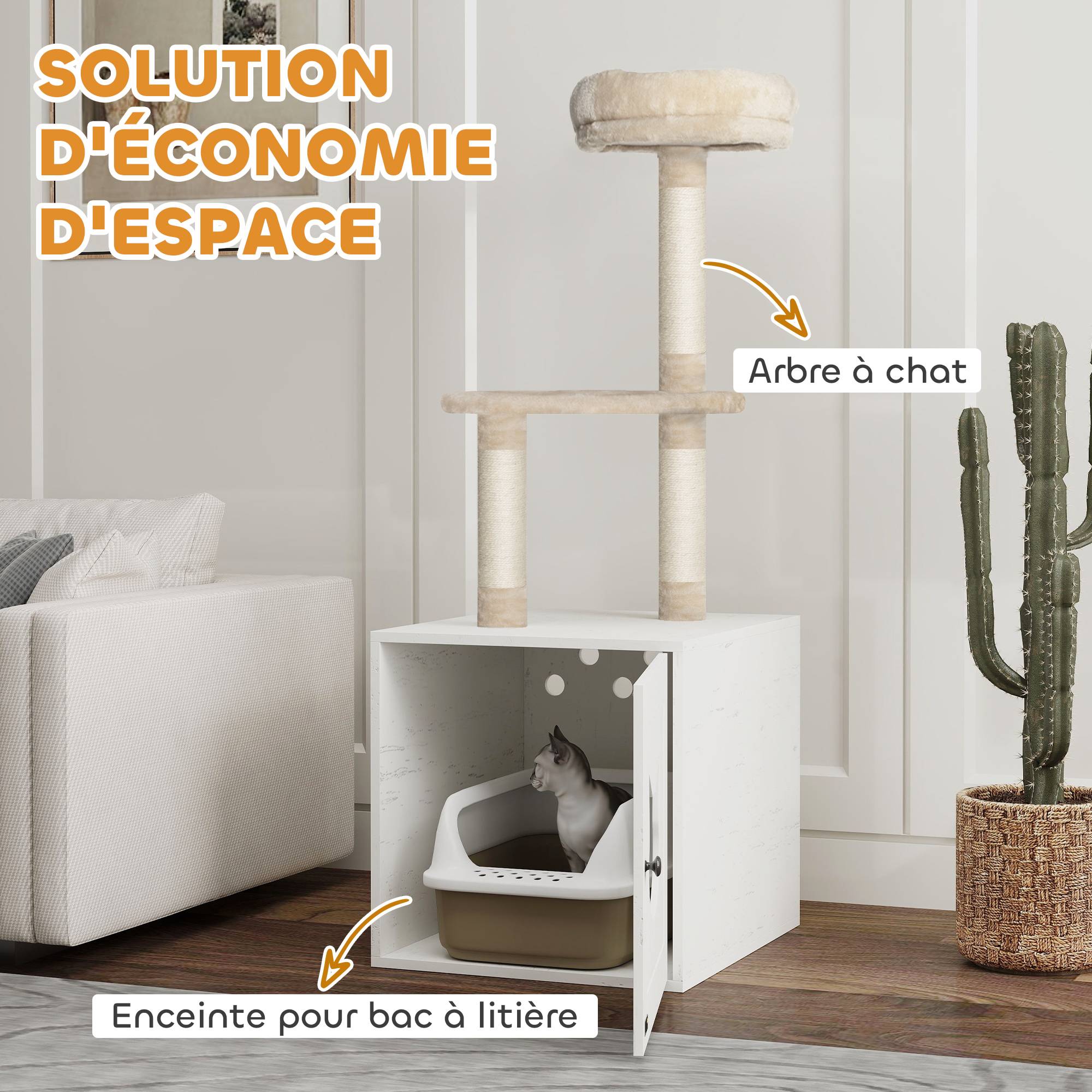 Sans Marque - Arbre à chat avec maison de toilettes, tour de jeu 2-en-1 de 129 cm avec cache-litière, poteaux à griffer, crème - Image 6