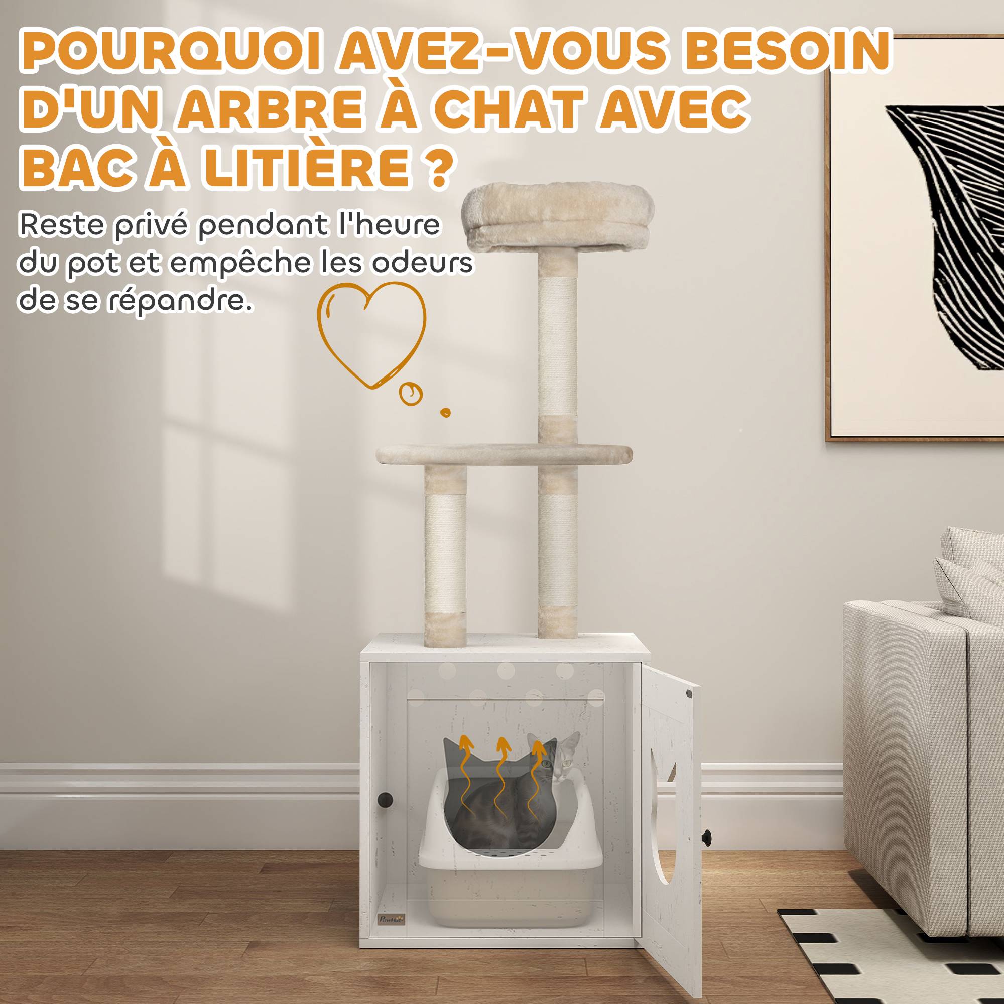 Sans Marque - Arbre à chat avec maison de toilettes, tour de jeu 2-en-1 de 129 cm avec cache-litière, poteaux à griffer, crème - Image 7