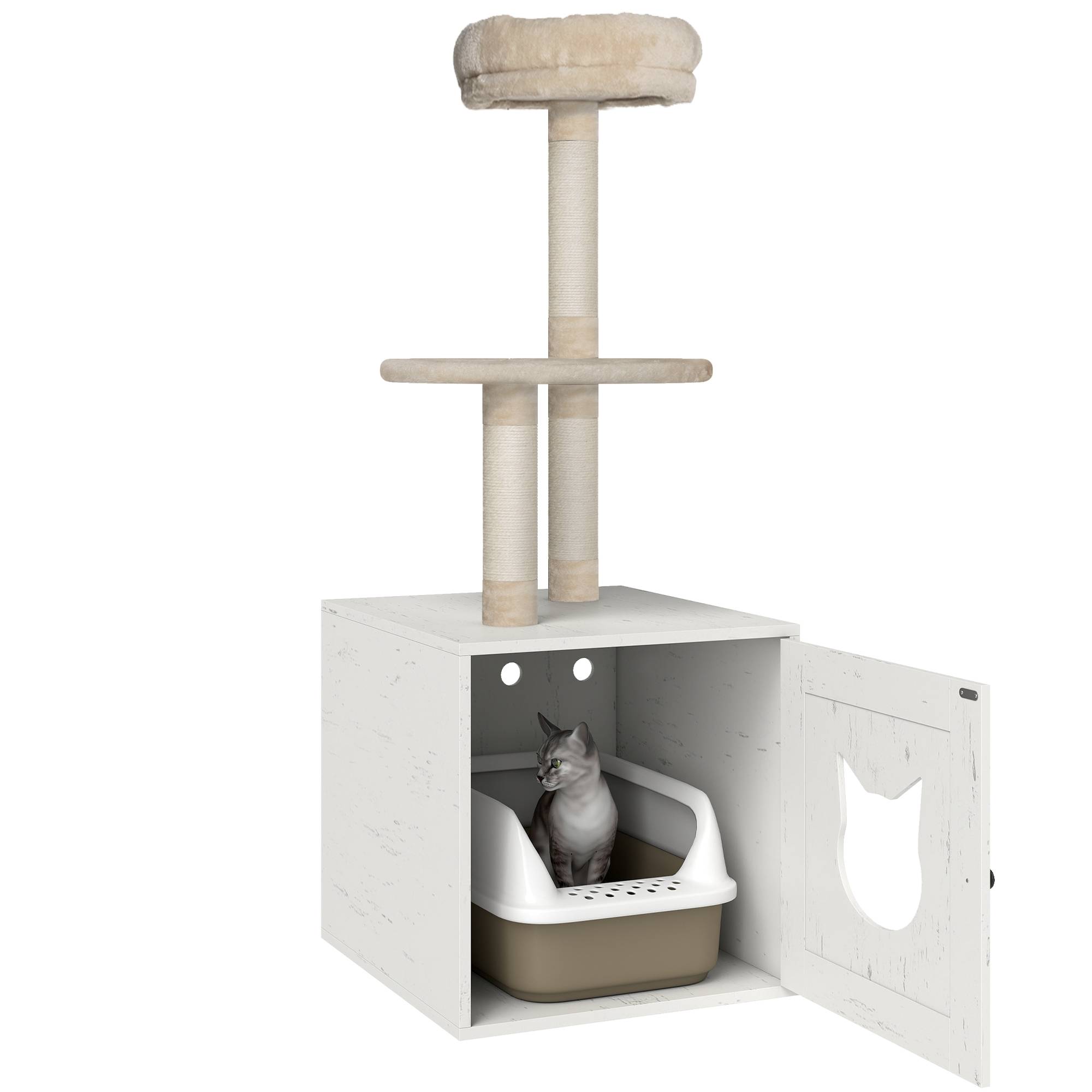Sans Marque - Arbre à chat avec maison de toilettes, tour de jeu 2-en-1 de 129 cm avec cache-litière, poteaux à griffer, crème - Image 1