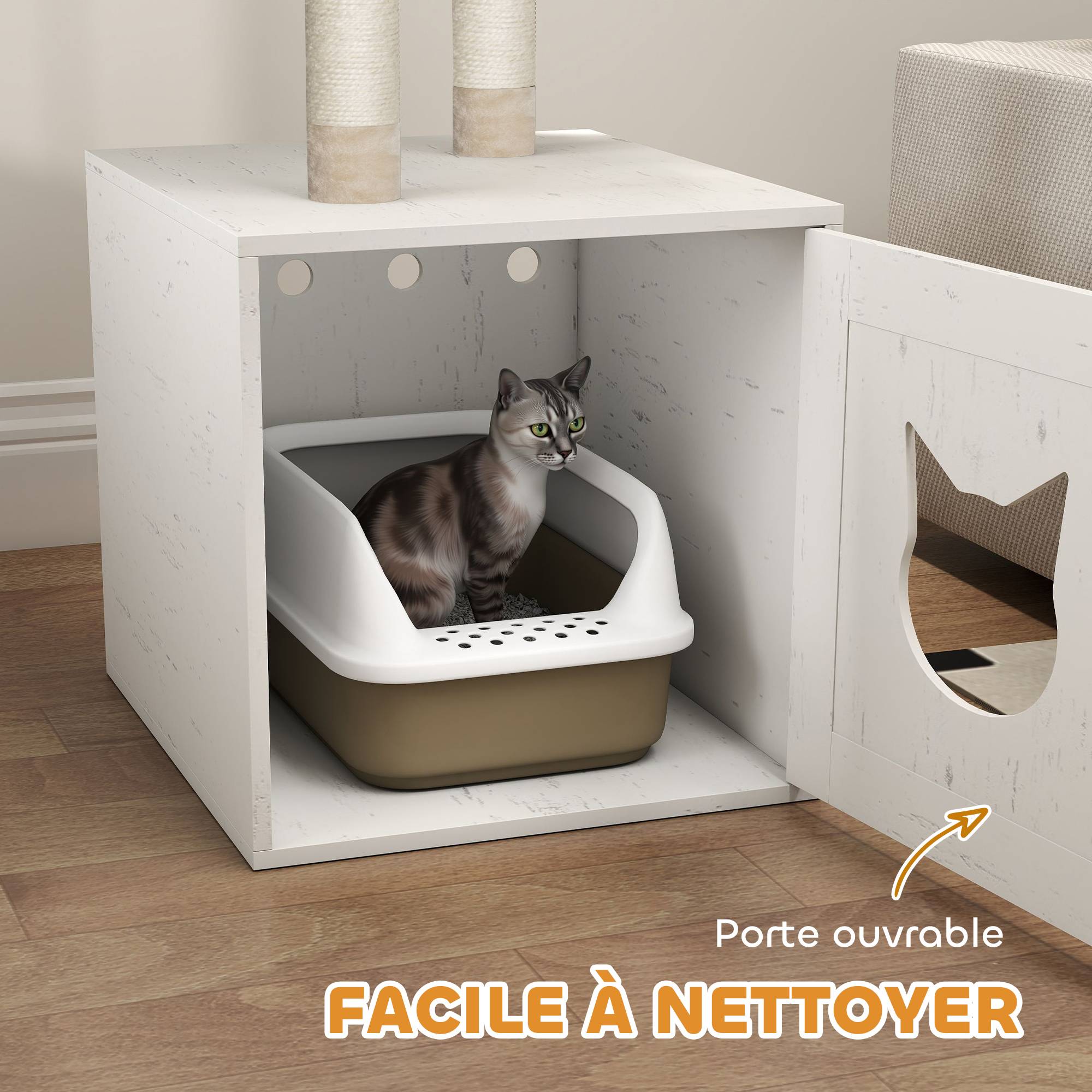 Sans Marque - Arbre à chat avec maison de toilettes, tour de jeu 2-en-1 de 129 cm avec cache-litière, poteaux à griffer, crème - Image 9
