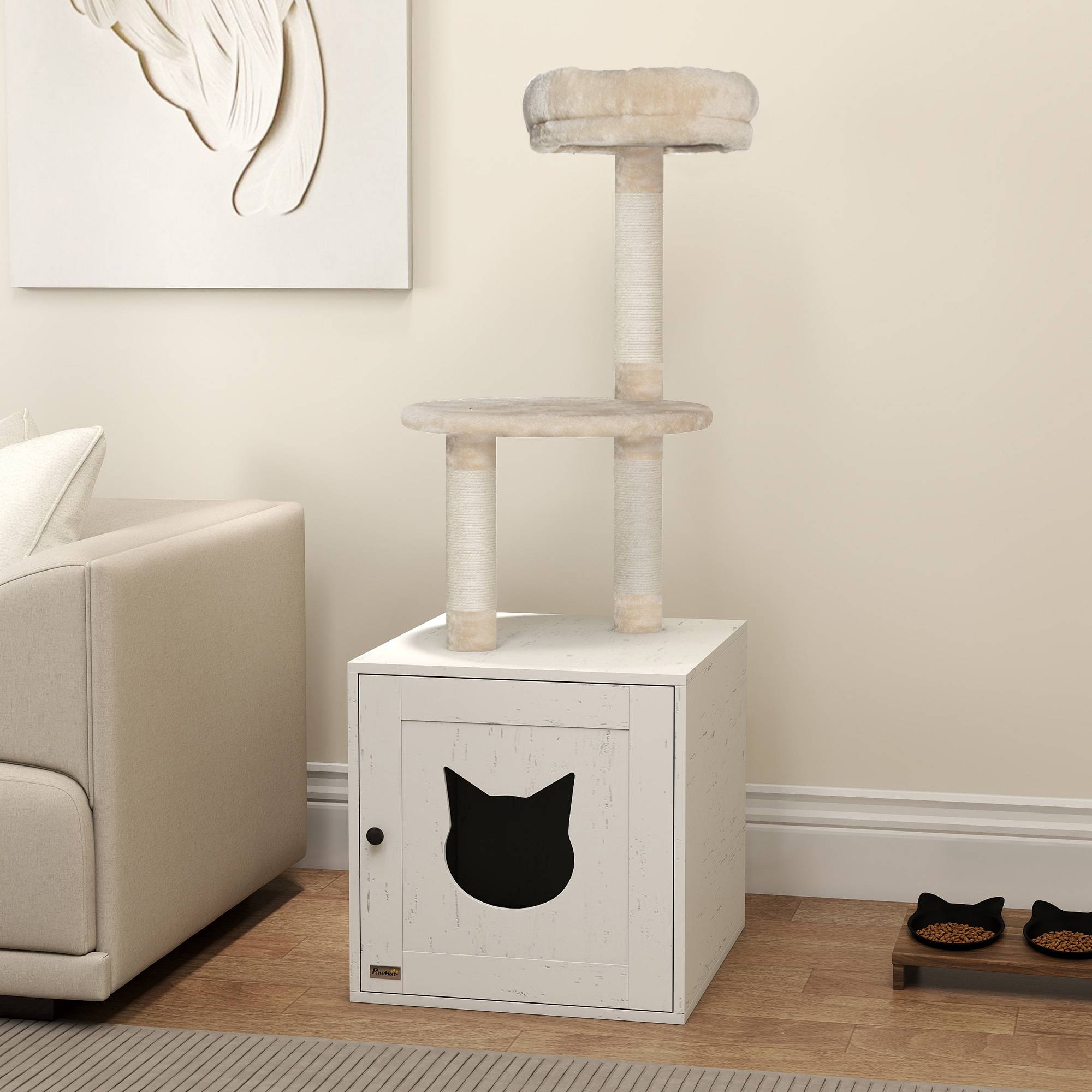 Sans Marque - Arbre à chat avec maison de toilettes, tour de jeu 2-en-1 de 129 cm avec cache-litière, poteaux à griffer, crème - Image 4
