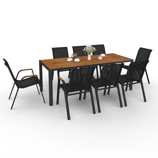 Salon de jardin NOUMEA table 190 cm plateau verre trempé effet bois et 8 chaises empilables noir et bois - Image 2