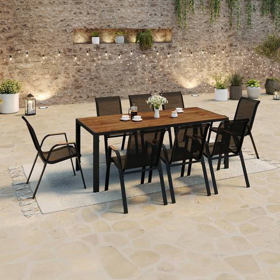 Salon de jardin NOUMEA table 190 cm plateau verre trempé effet bois et 8 chaises empilables noir et bois - Image 1