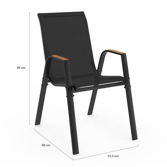 Salon de jardin NOUMEA table 190 cm plateau verre trempé effet bois et 8 chaises empilables noir et bois - Image 6