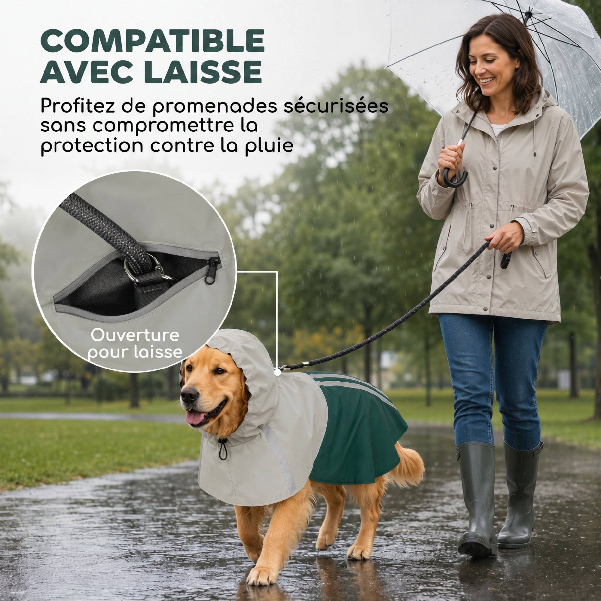 ComfortXL - Manteau imperméable pour grand chien en PU vert 20 à 30 kg avec capuche bandes réfléchissantes et passage laisse - Image 7