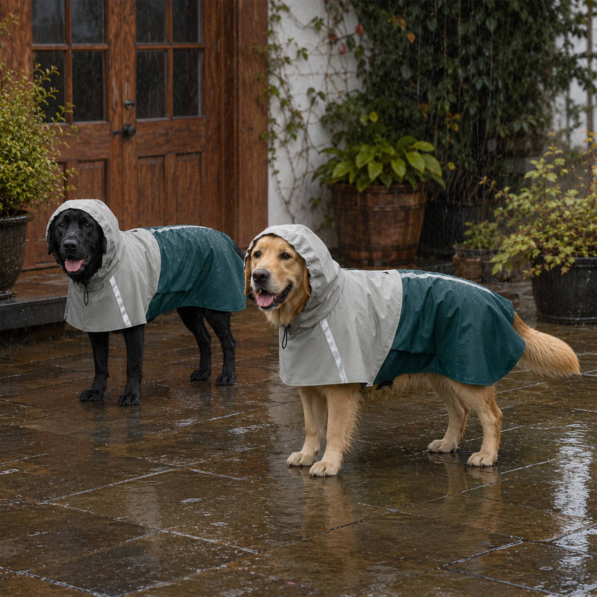 ComfortXL - Manteau imperméable pour grand chien en PU vert 20 à 30 kg avec capuche bandes réfléchissantes et passage laisse - Image 9