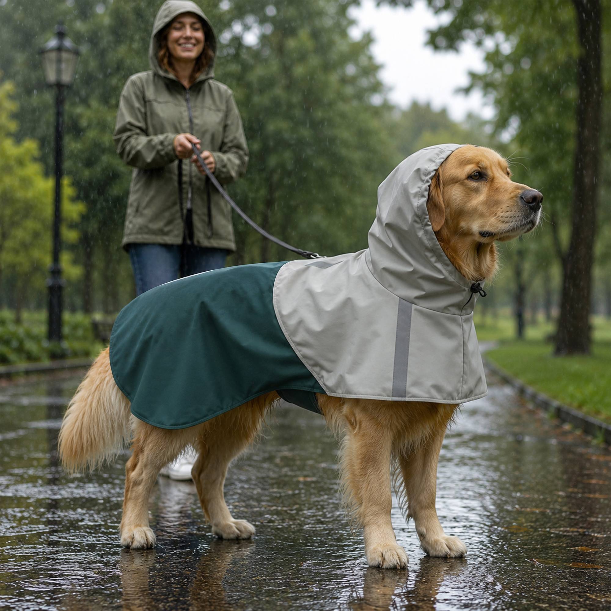 ComfortXL - Manteau imperméable pour grand chien en PU vert 20 à 30 kg avec capuche bandes réfléchissantes et passage laisse - Image 8