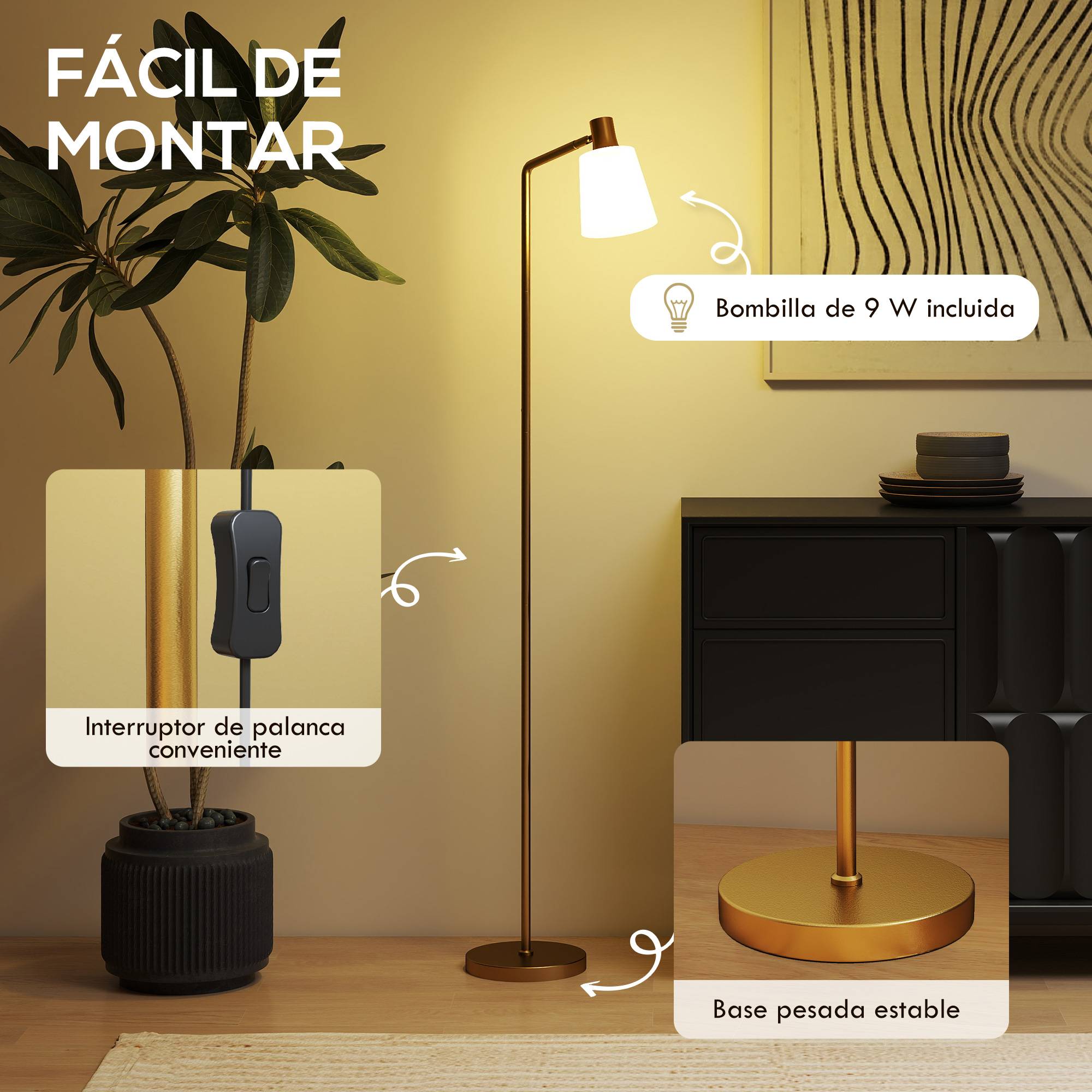 Lampadaire LED blanc et or intensité réglable 3000K–6500K abat-jour pivotant douille E27 - Image 8