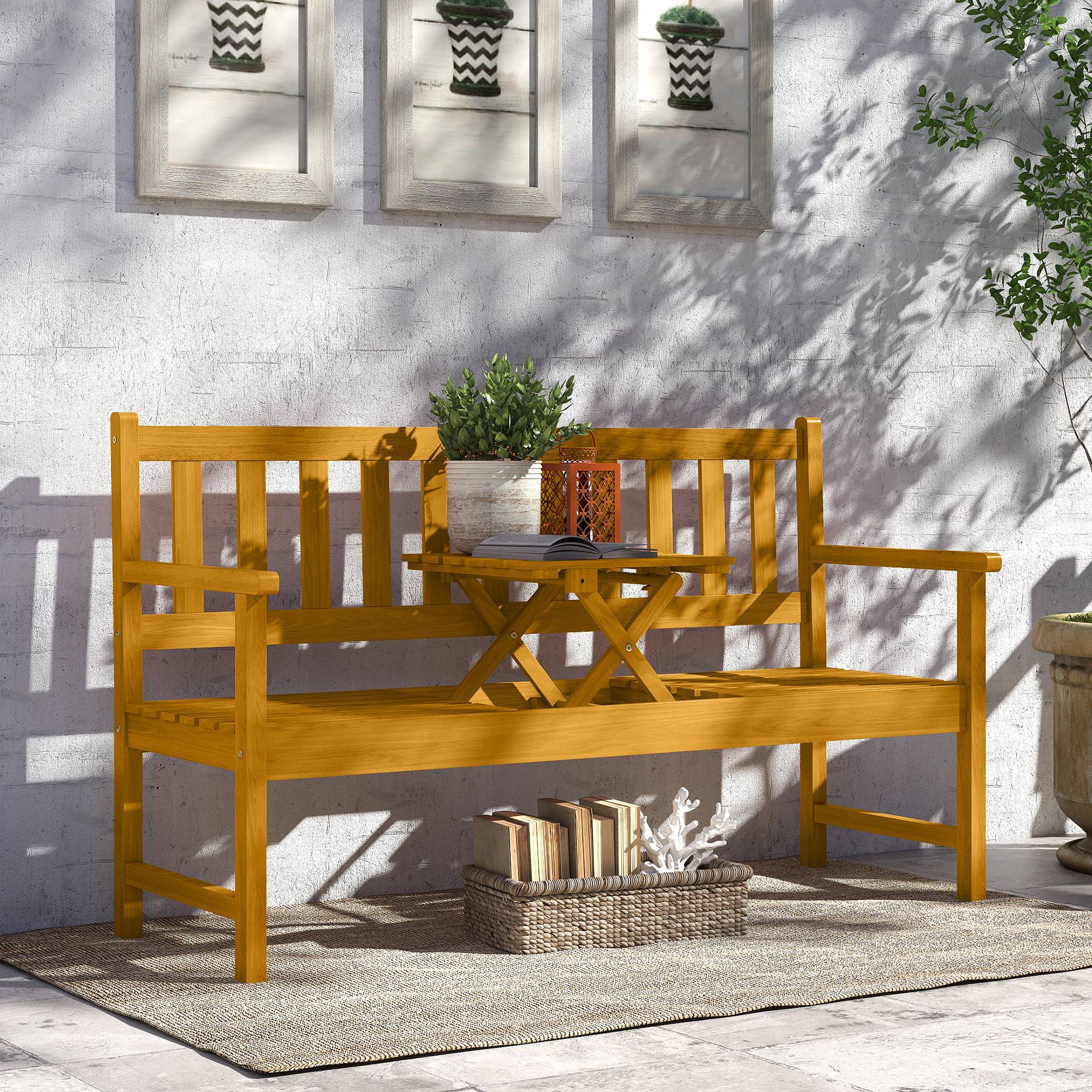 Banc de jardin 2 places en bois, résistant aux intempéries, avec dossier et accoudoirs, charge maximale 320 kg, 149 x 56,5 x 89 cm, teck - Image 4