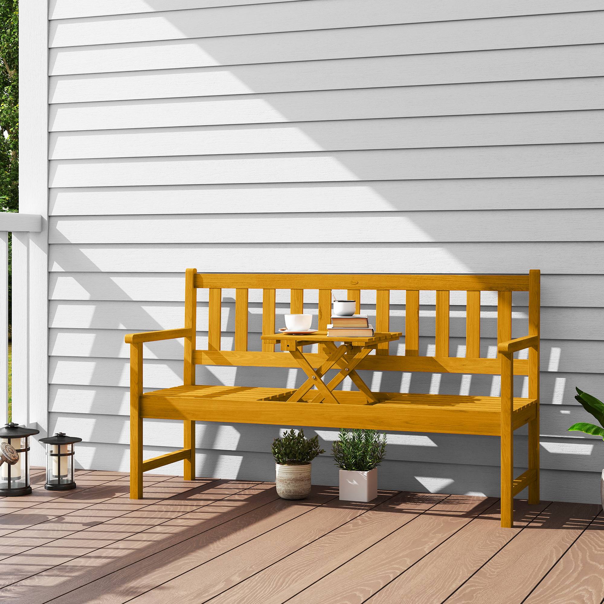 Banc de jardin 2 places en bois, résistant aux intempéries, avec dossier et accoudoirs, charge maximale 320 kg, 149 x 56,5 x 89 cm, teck - Image 3