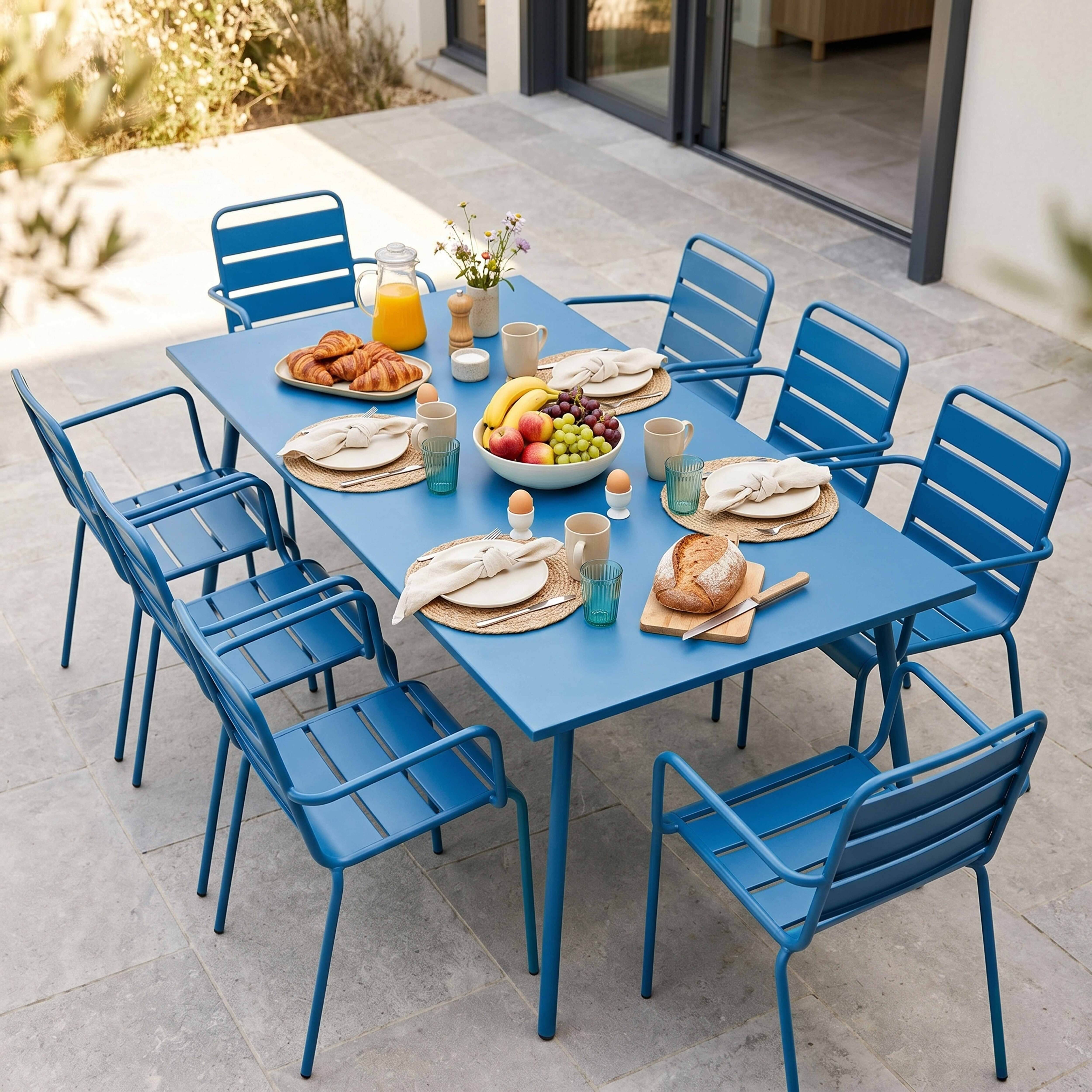 Oviala - Ensemble table de jardin et 8 fauteuils en métal bleu pacific Palavas - Oviala - Image 2