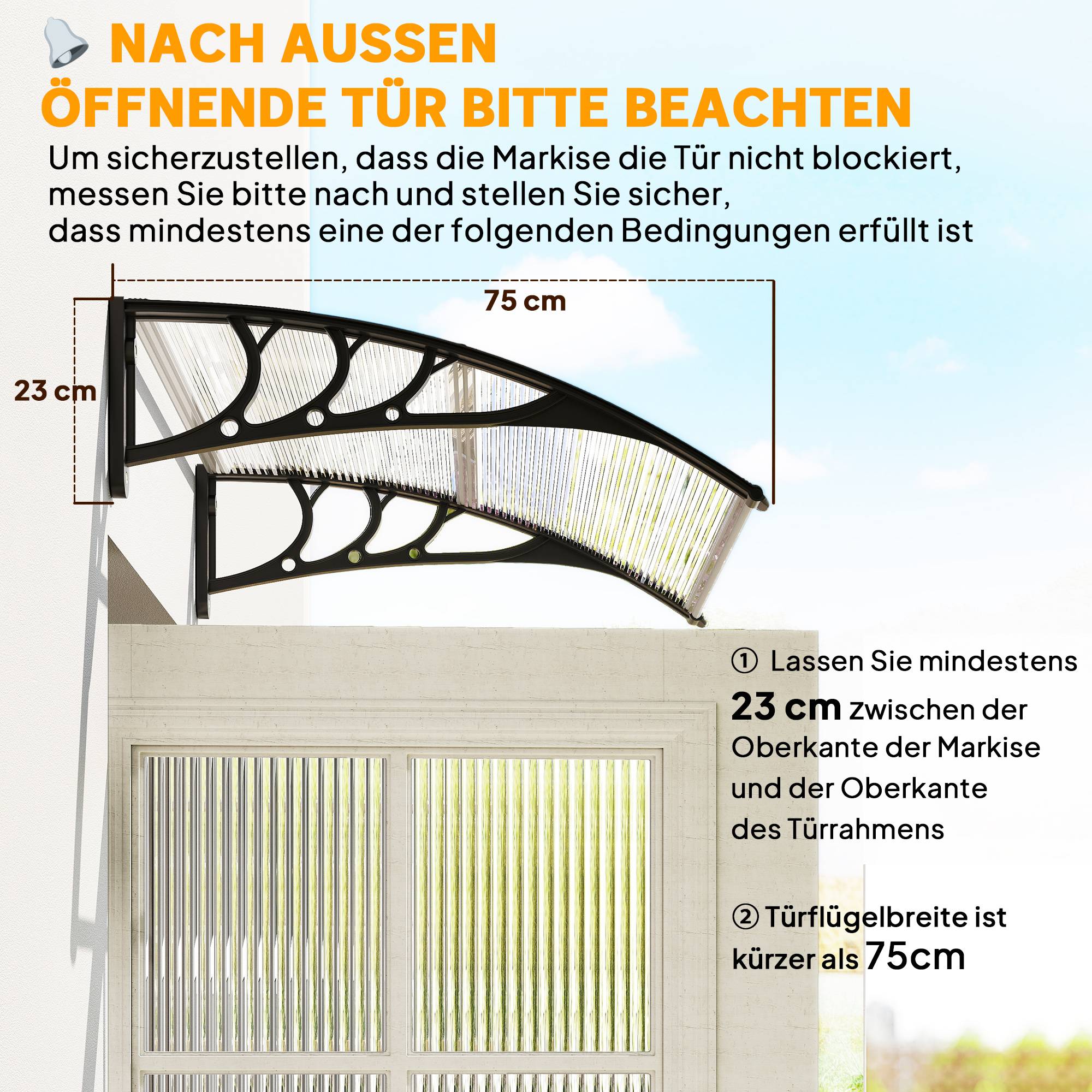 Auvent de porte 100 x 75 cm, auvent en appentis, polycarbonate, transparent - Image 6