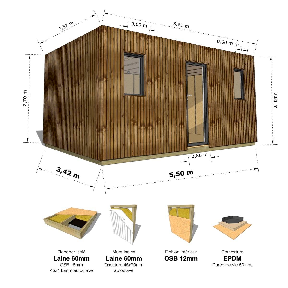 Sans Marque - STUDIO DE JARDIN / 19,5 m2 - 5,55 x 3,52m / Plancher isolé / Bardage Brun / Intérieur OSB / Livraison Gratuite / Studio Français - Image 1