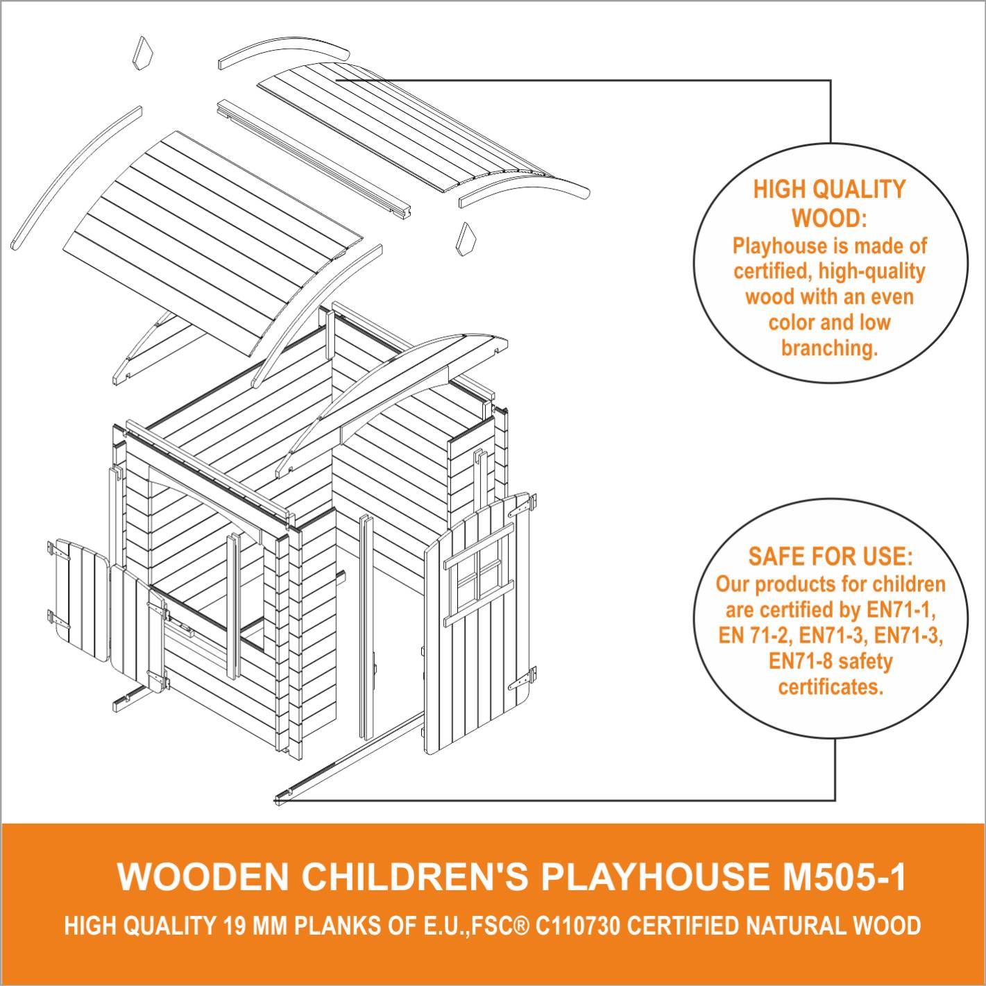 Timbela - Maison en bois pour enfants 112x146xH145 cm / 1.1 m² sans plancher - Maison jardin enfant exterieur bois - 19 mm d’épaisseur - Timbela M505-1 - Image 8