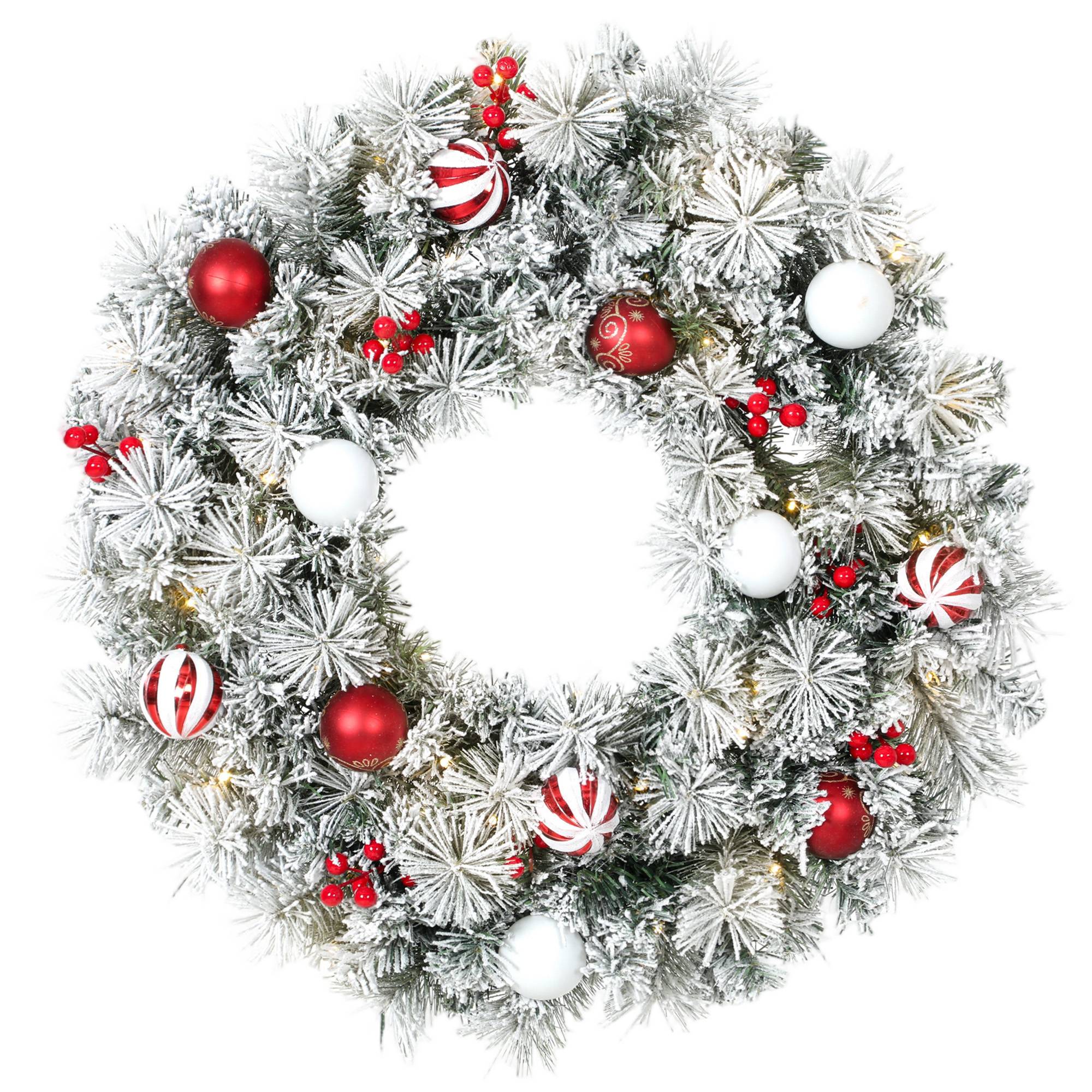 Sans Marque - Couronne Noël Lumineuse 60 cm Enneigée Floquée 50 LED 15 Boules Décoratives 140 Branches 8 Modes Vert - Image 1