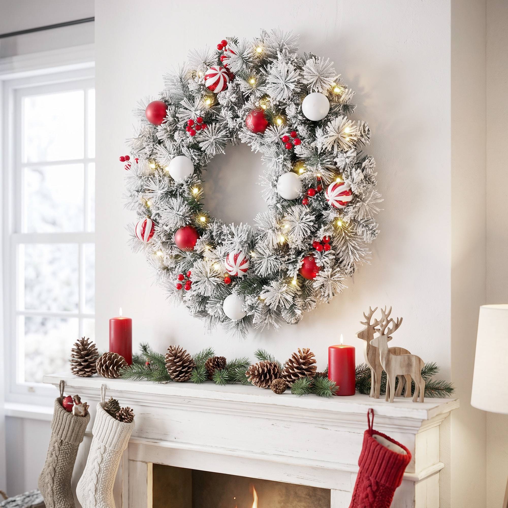 Sans Marque - Couronne Noël Lumineuse 60 cm Enneigée Floquée 50 LED 15 Boules Décoratives 140 Branches 8 Modes Vert - Image 3