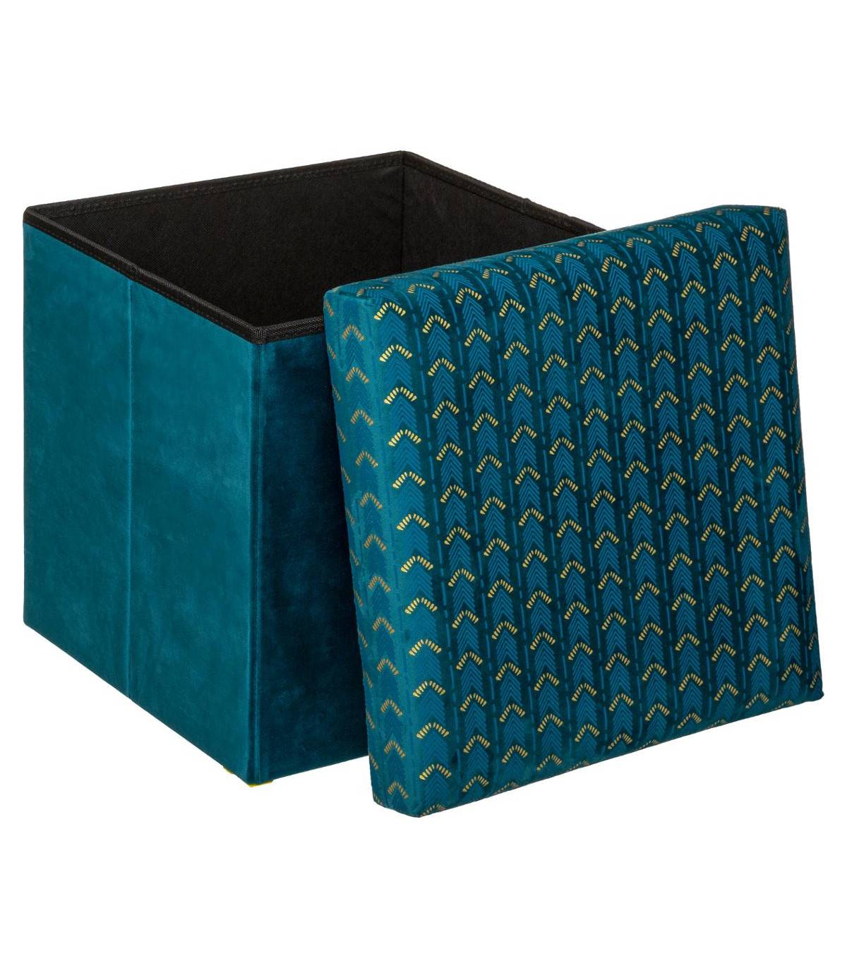 2 en 1 Pouf et Coffre de rangement en Velours Bleu canard 38 x 38 cm - Image 2