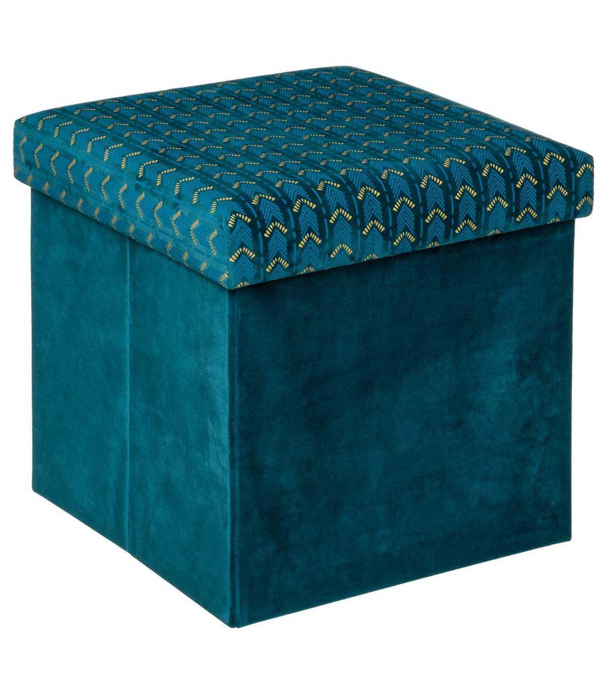 2 en 1 Pouf et Coffre de rangement en Velours Bleu canard 38 x 38 cm - Image 1