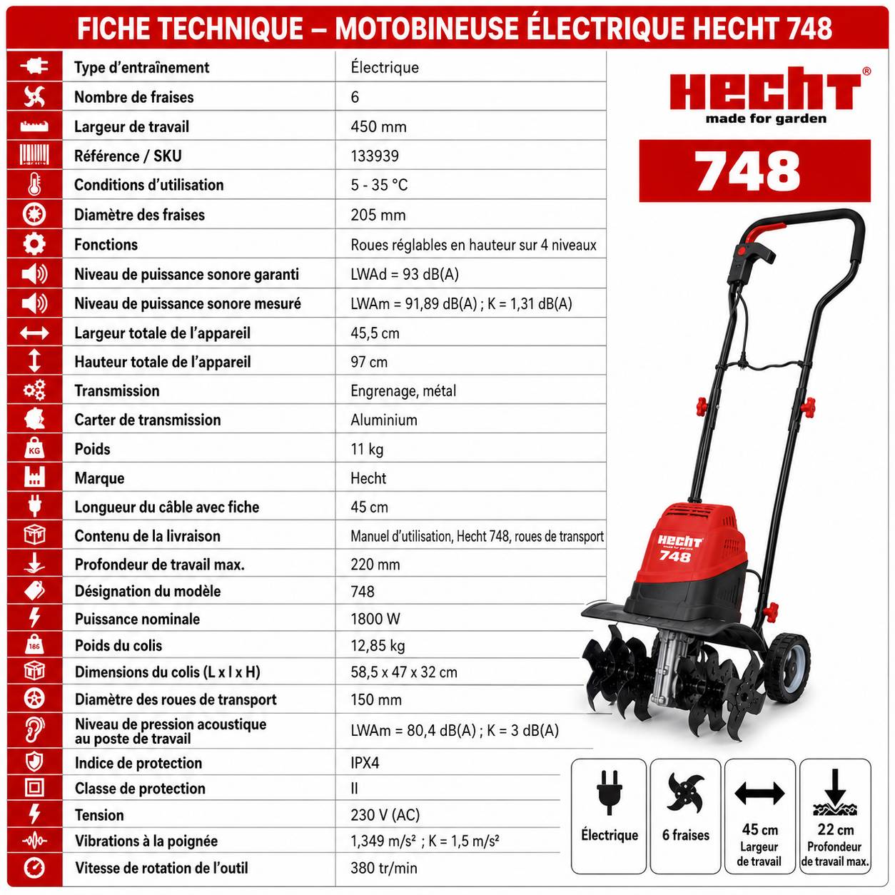 BB Loisir - Hecht 748 Motobineuse électrique 1800W 6 fraises 22 lames 45cm largeur de travail - Image 8