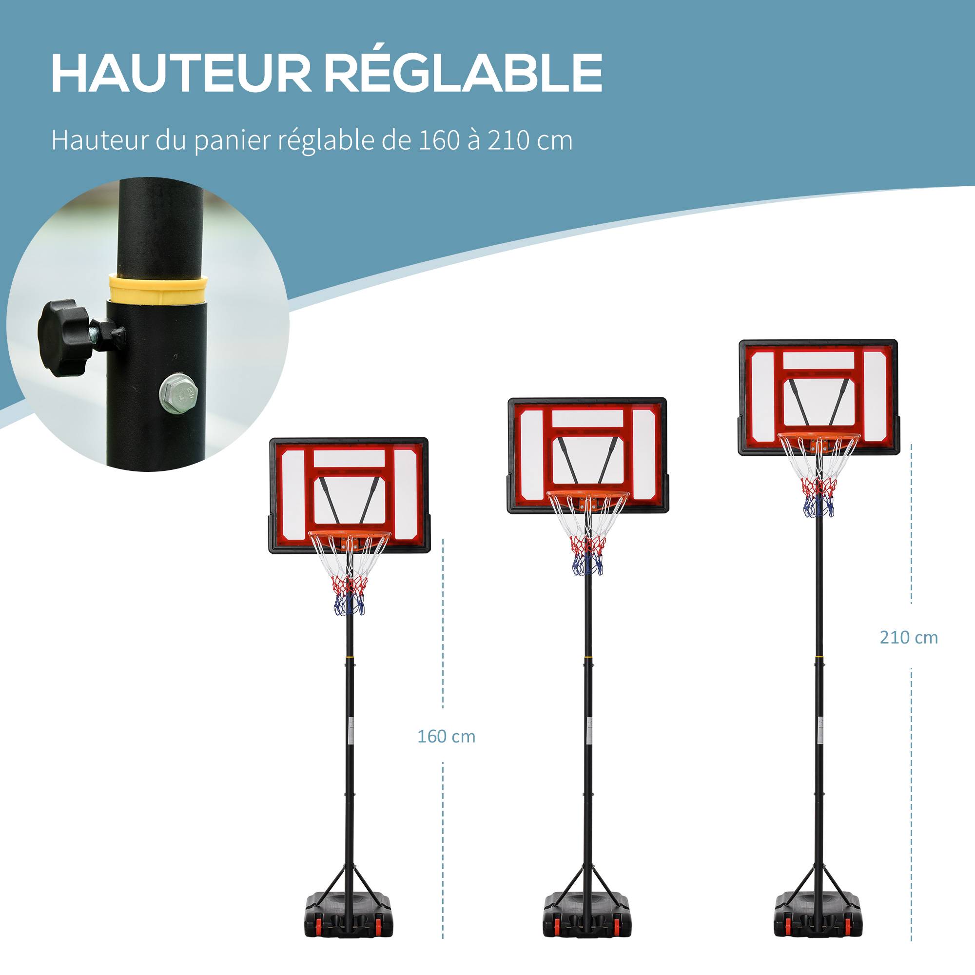 Panier de basket extérieur hauteur réglable 160–210 cm panier de basket sur pied à roulettes base remplissable noir - Image 6