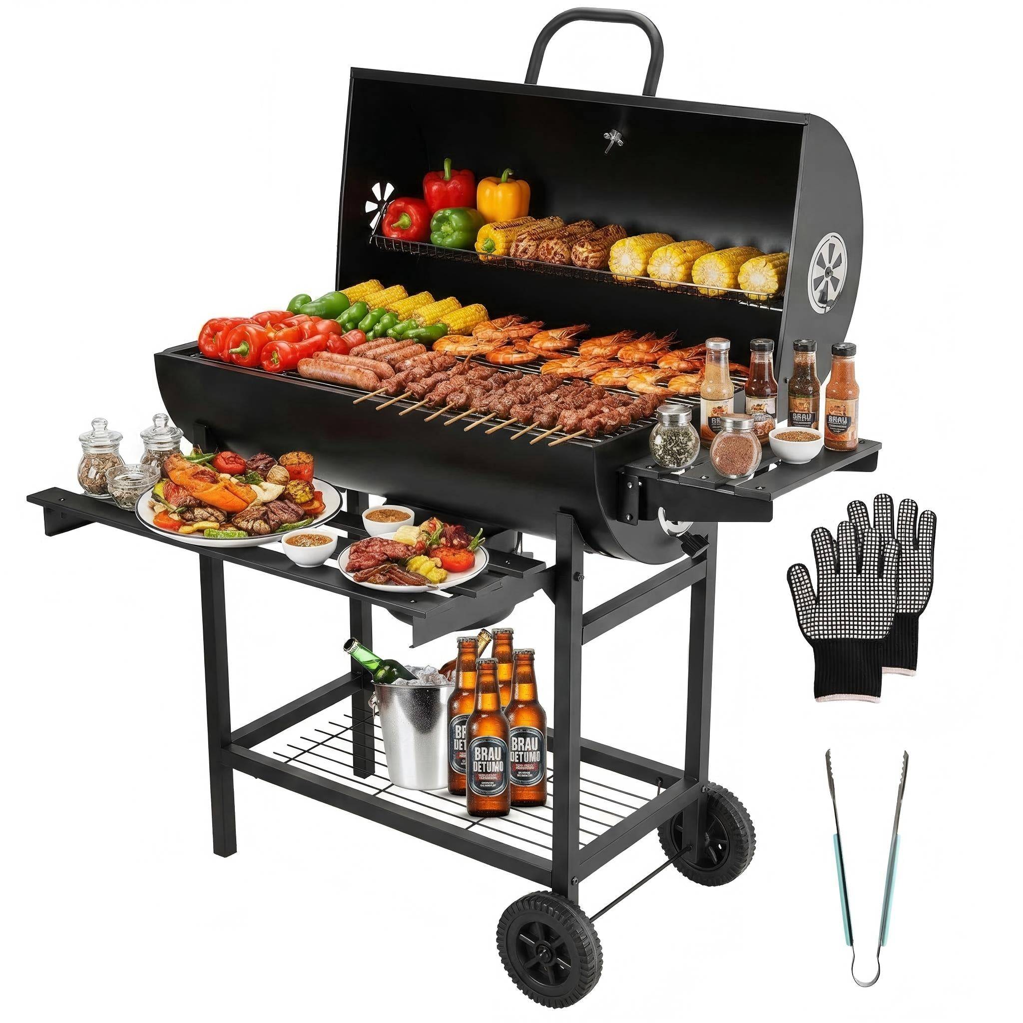 Teeno - Gril à charbon de bois, gril à charbon de bois XXL avec couvercle, thermomètre, tiroir à cendres, gants anti-brûlure, évents réglables - Image 1