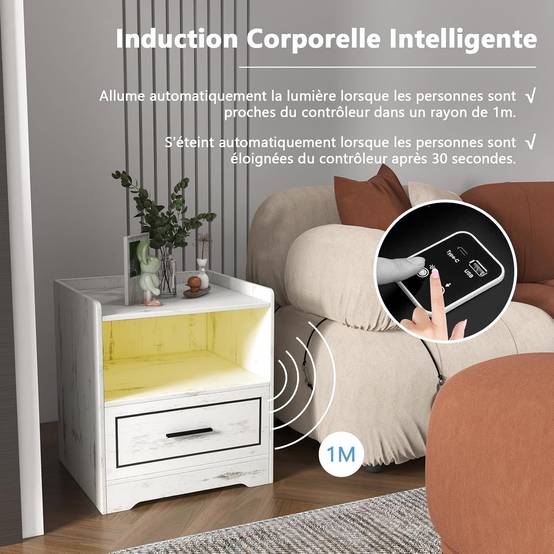 Table de chevet avec led intelligent à 3 couleurs réglables Table de chevet avec led intelligent à 3 couleurs réglables
