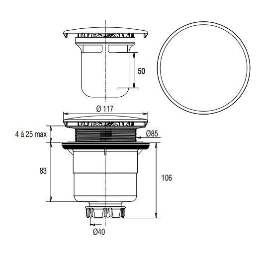 Bonde de receveur à capot métal rond 90mm pour douche D60 sortie horizontale - VALENTIN - 00 566000 000 00 - Image 2