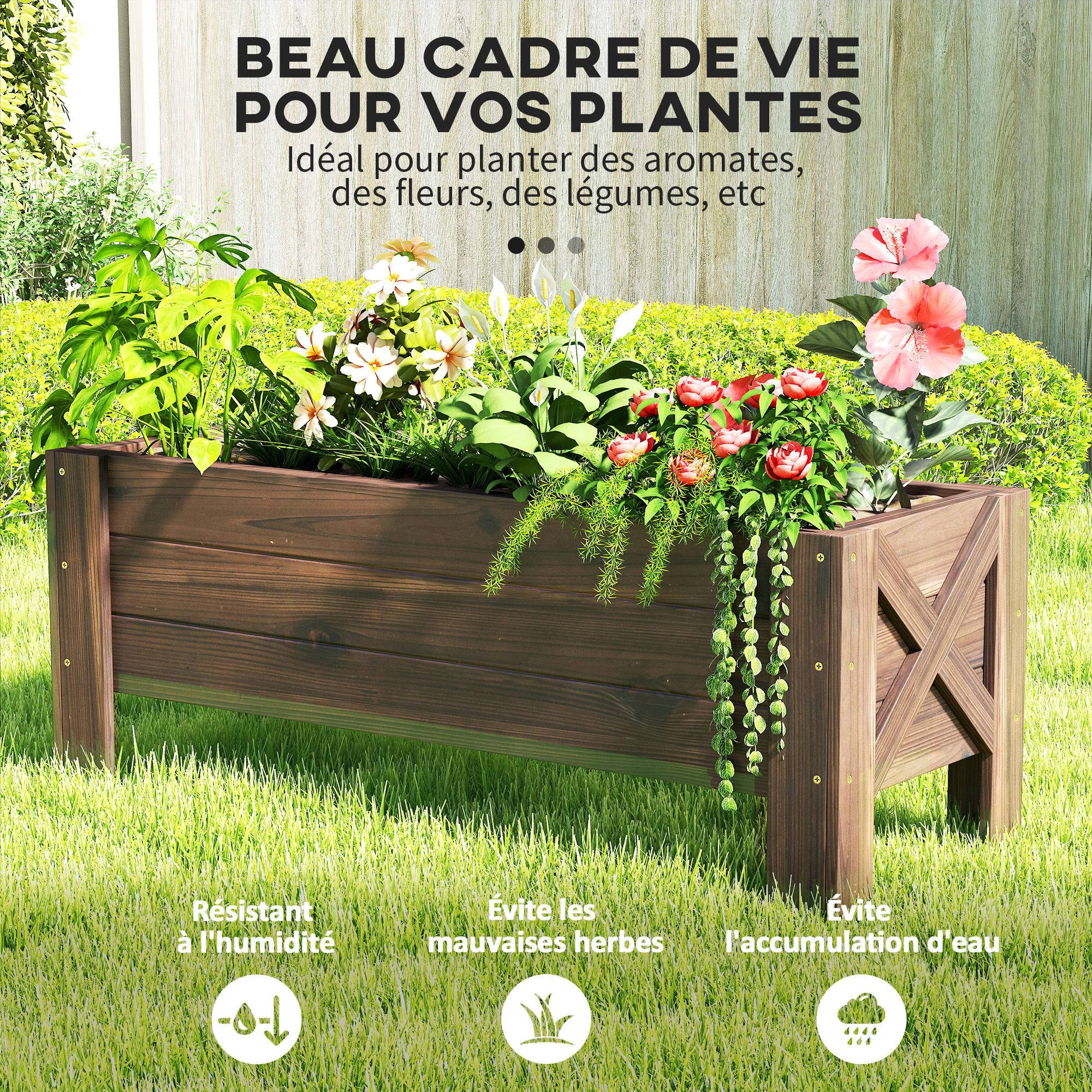 Sans Marque - Jardinière sur Pieds bac à Fleurs dim. 100L x 36l x 36H cm Inserts d'irrigation Inclus Bois Massif Sapin traité - Image 6