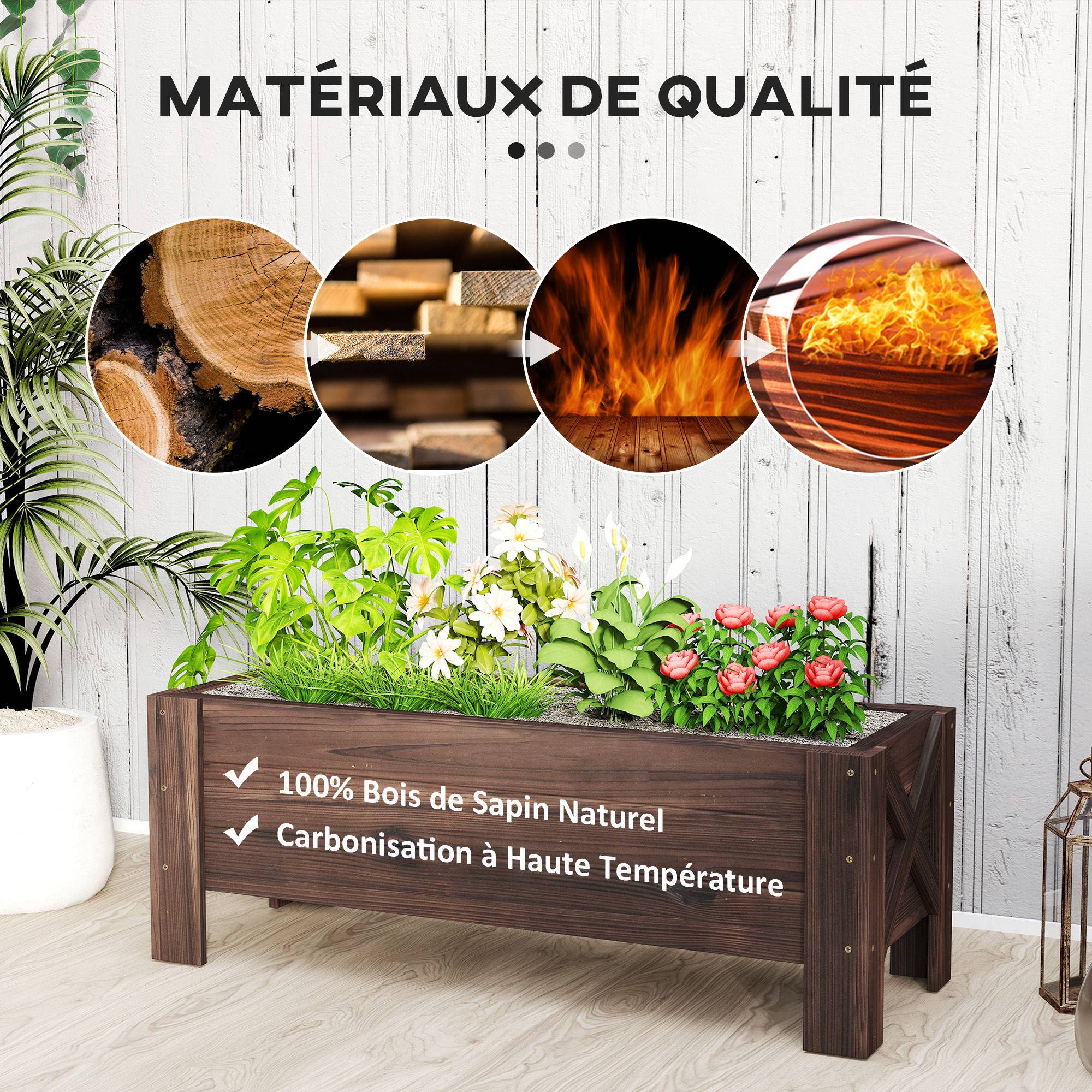 Sans Marque - Jardinière sur Pieds bac à Fleurs dim. 100L x 36l x 36H cm Inserts d'irrigation Inclus Bois Massif Sapin traité - Image 7