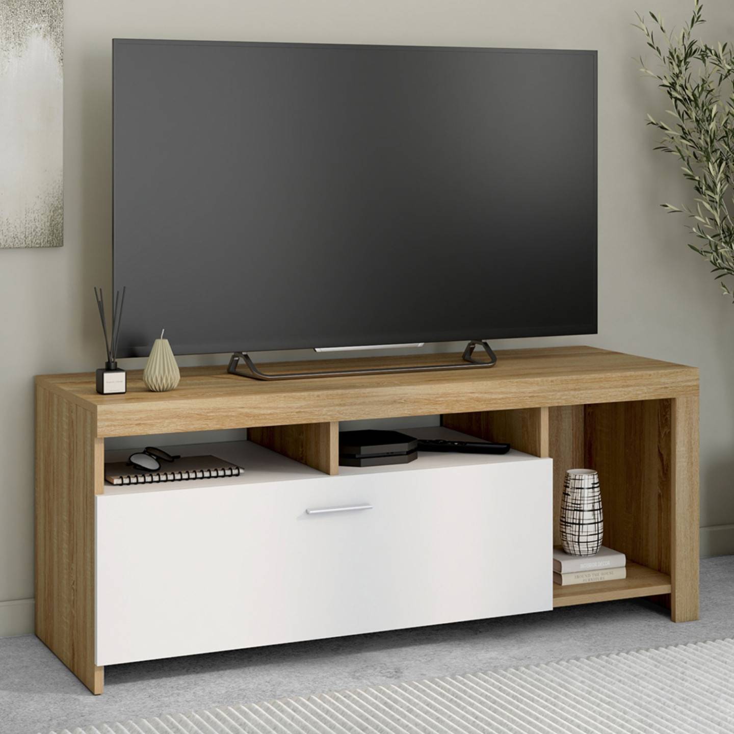 Meuble TV 110 cm MALO bois et placard blanc - Image 1