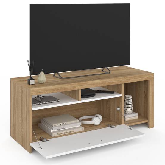 Meuble TV 110 cm MALO bois et placard blanc - Image 4