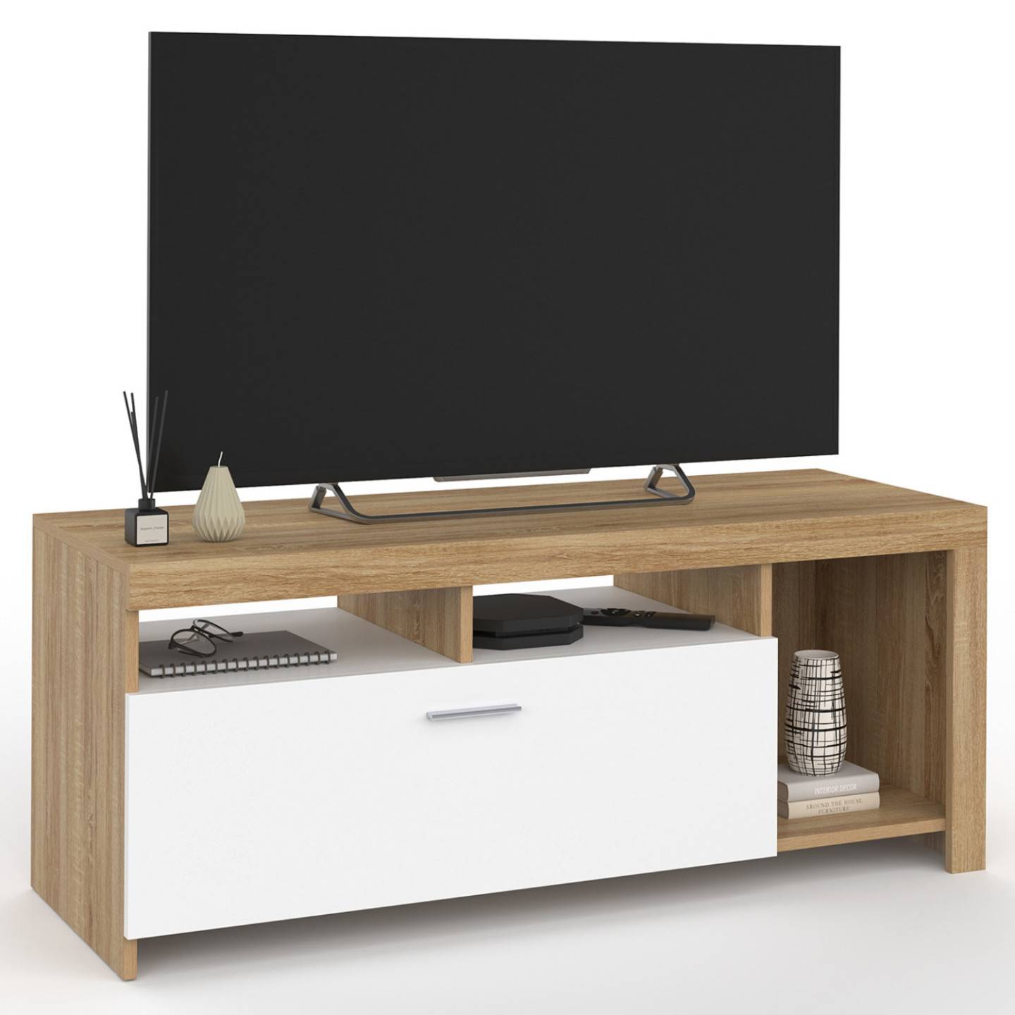 Meuble TV 110 cm MALO bois et placard blanc - Image 2