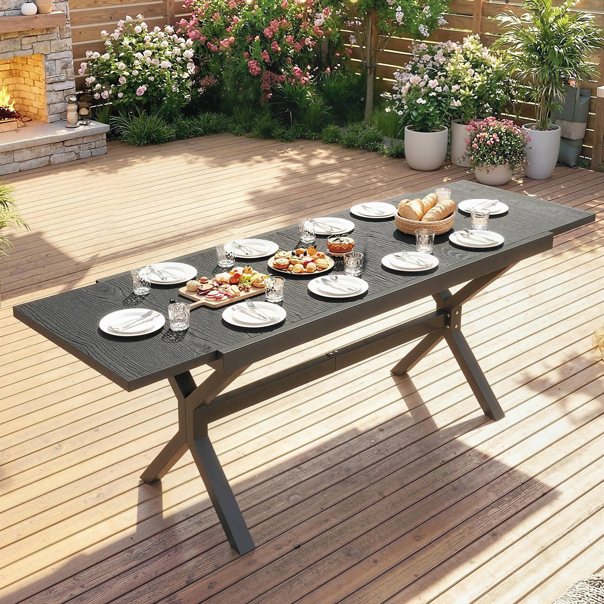 Table de Jardin Extensible Aluminium Table de Repas Extérieure Effet Bois 8-10 Personnes 214x85x73cm Gris Anthracite - Image 10