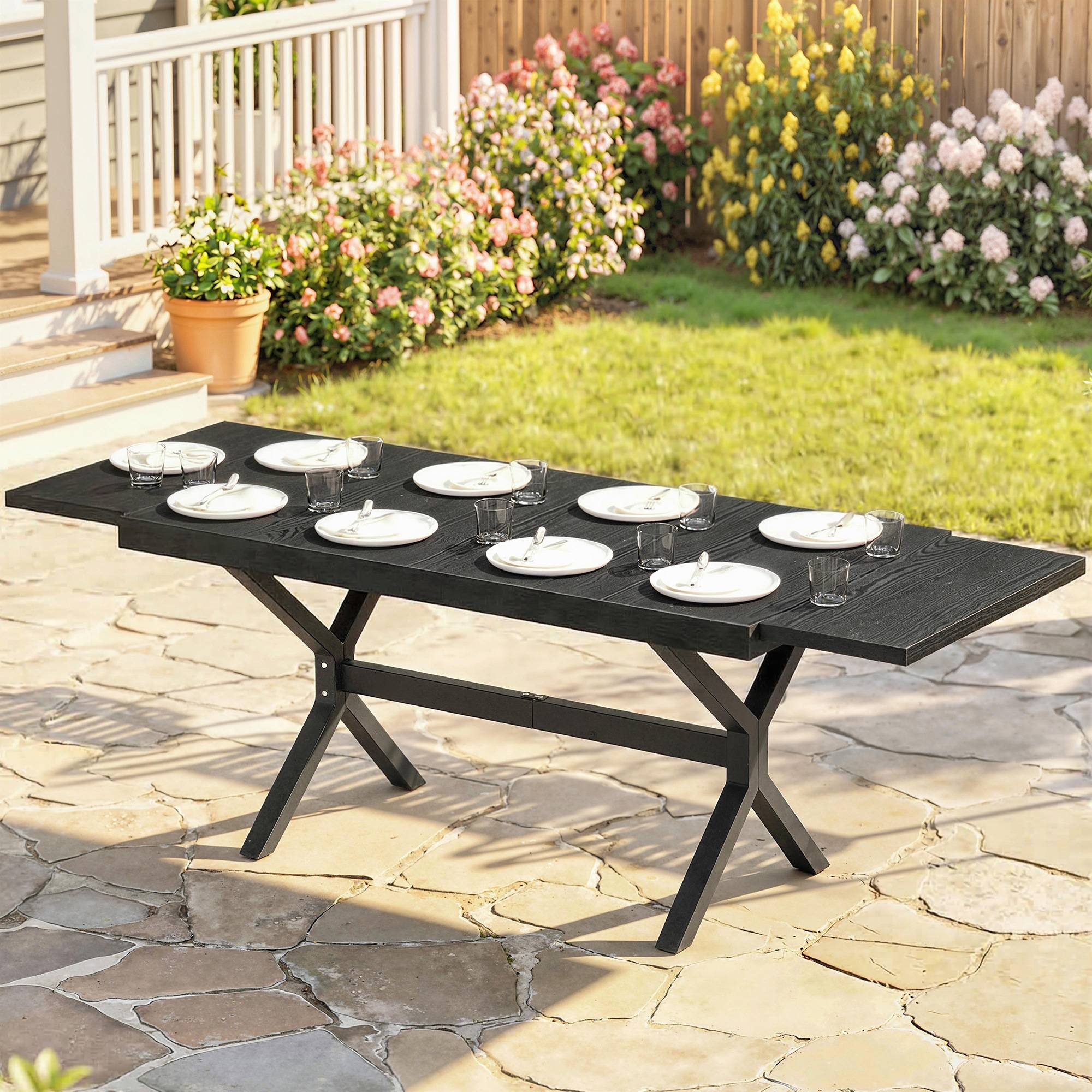Table de Jardin Extensible Aluminium Table de Repas Extérieure Effet Bois 8-10 Personnes 214x85x73cm Gris Anthracite - Image 4