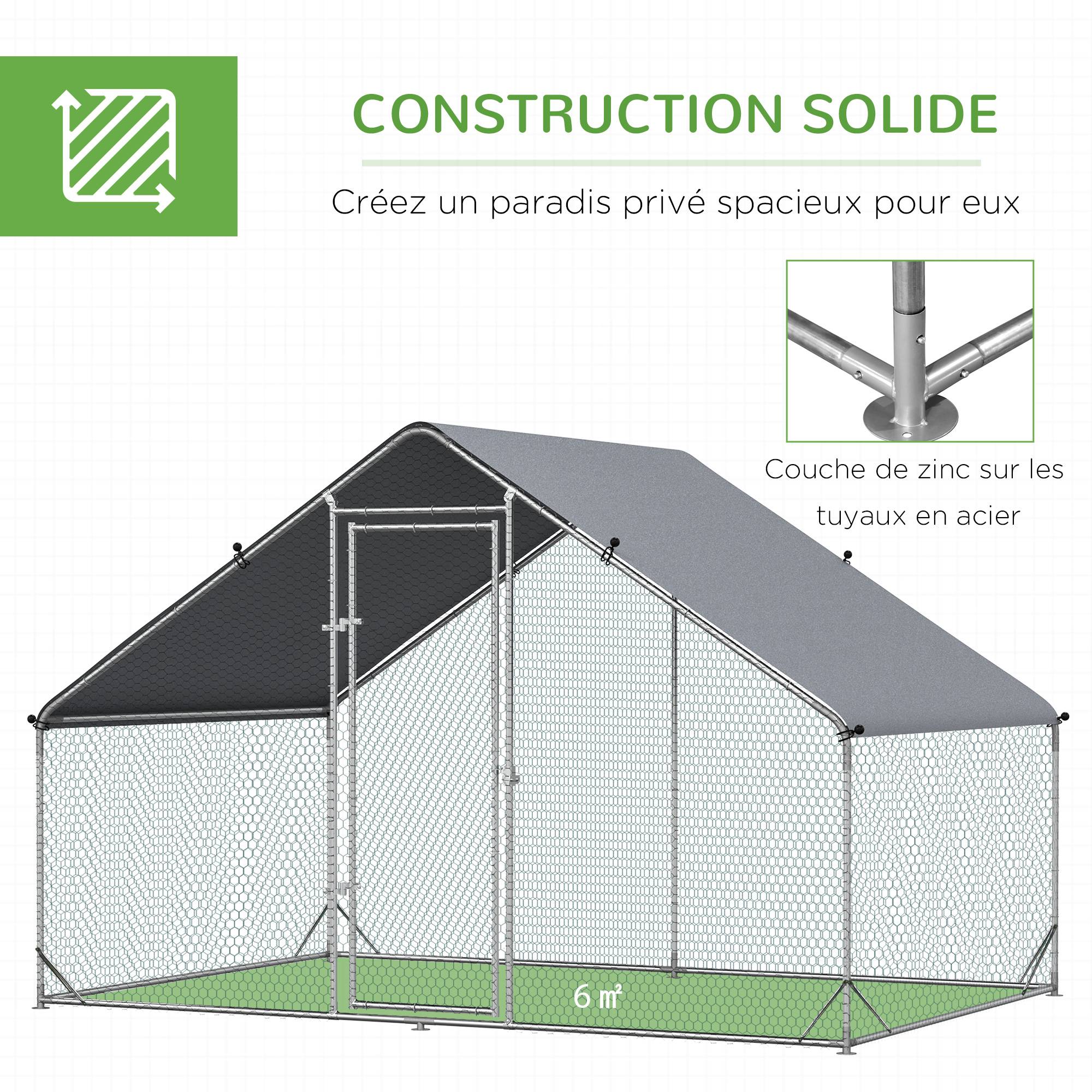 Sans Marque - Enclos poulailler chenil volière extérieur 6 m² - Parc grillagé dim. 3L x 2l x 2H m - Espace Couvert - Acier galvanisé - Image 8