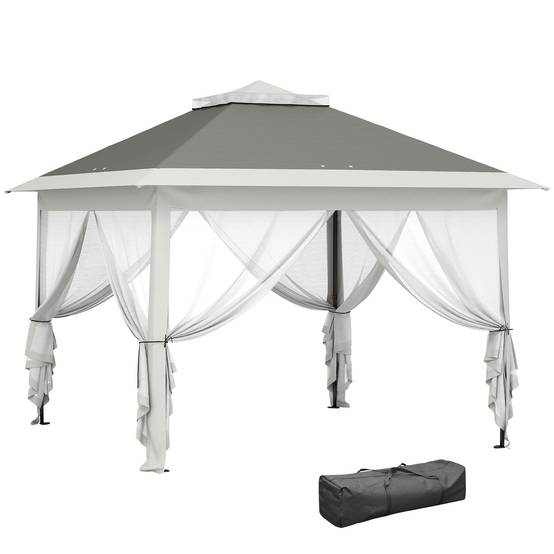 Tente pliante pop-up 3,3 x 3,3 m, hauteur réglable, double toit, moustiquaires amovibles et sac de transport inclus, gris anti-UV - Image 1