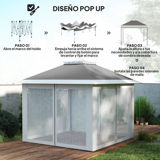Tente pliante pop-up 3,3 x 3,3 m, hauteur réglable, double toit, moustiquaires amovibles et sac de transport inclus, gris anti-UV - Image 7