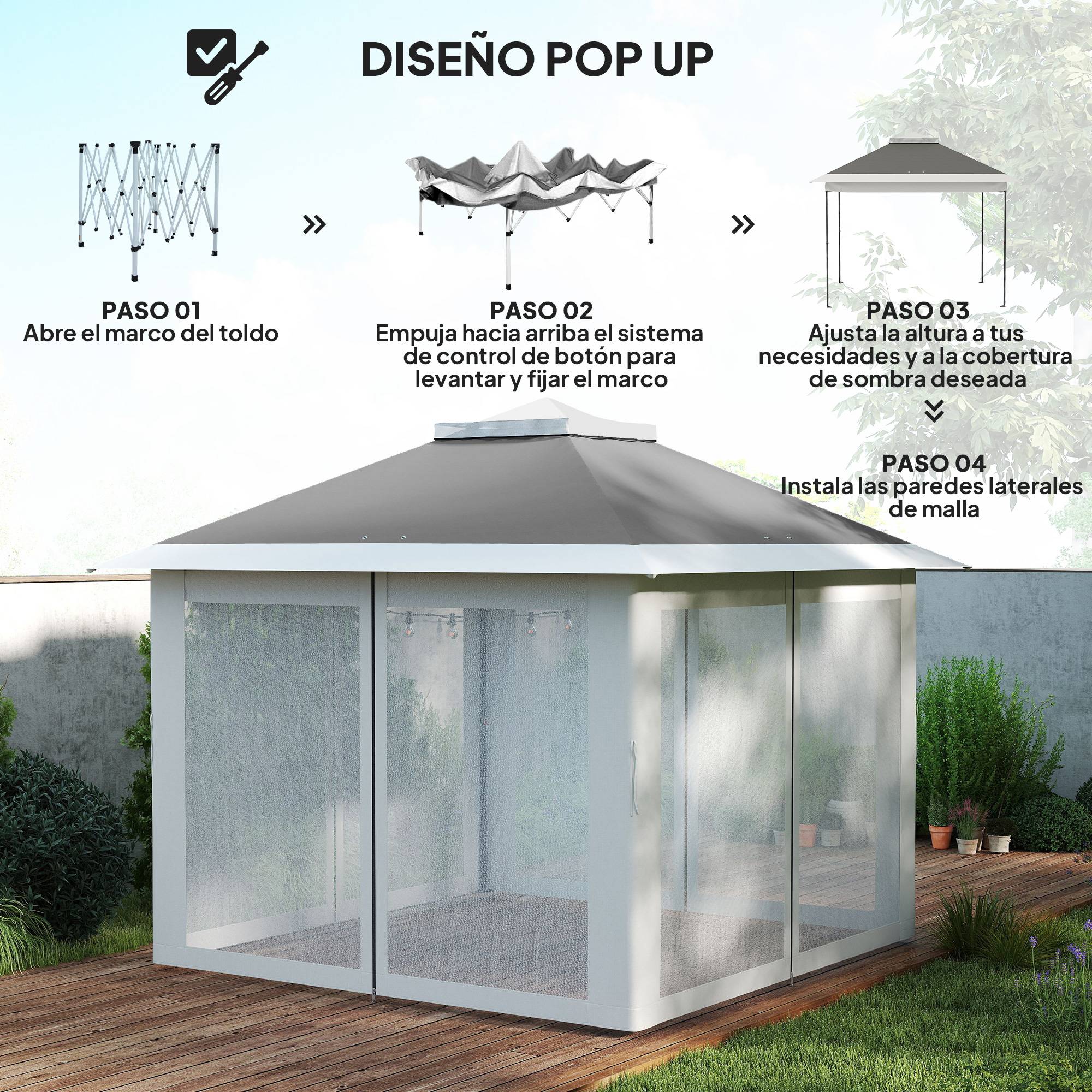 Tente pliante pop-up 3,3 x 3,3 m, hauteur réglable, double toit, moustiquaires amovibles et sac de transport inclus, gris anti-UV - Image 7