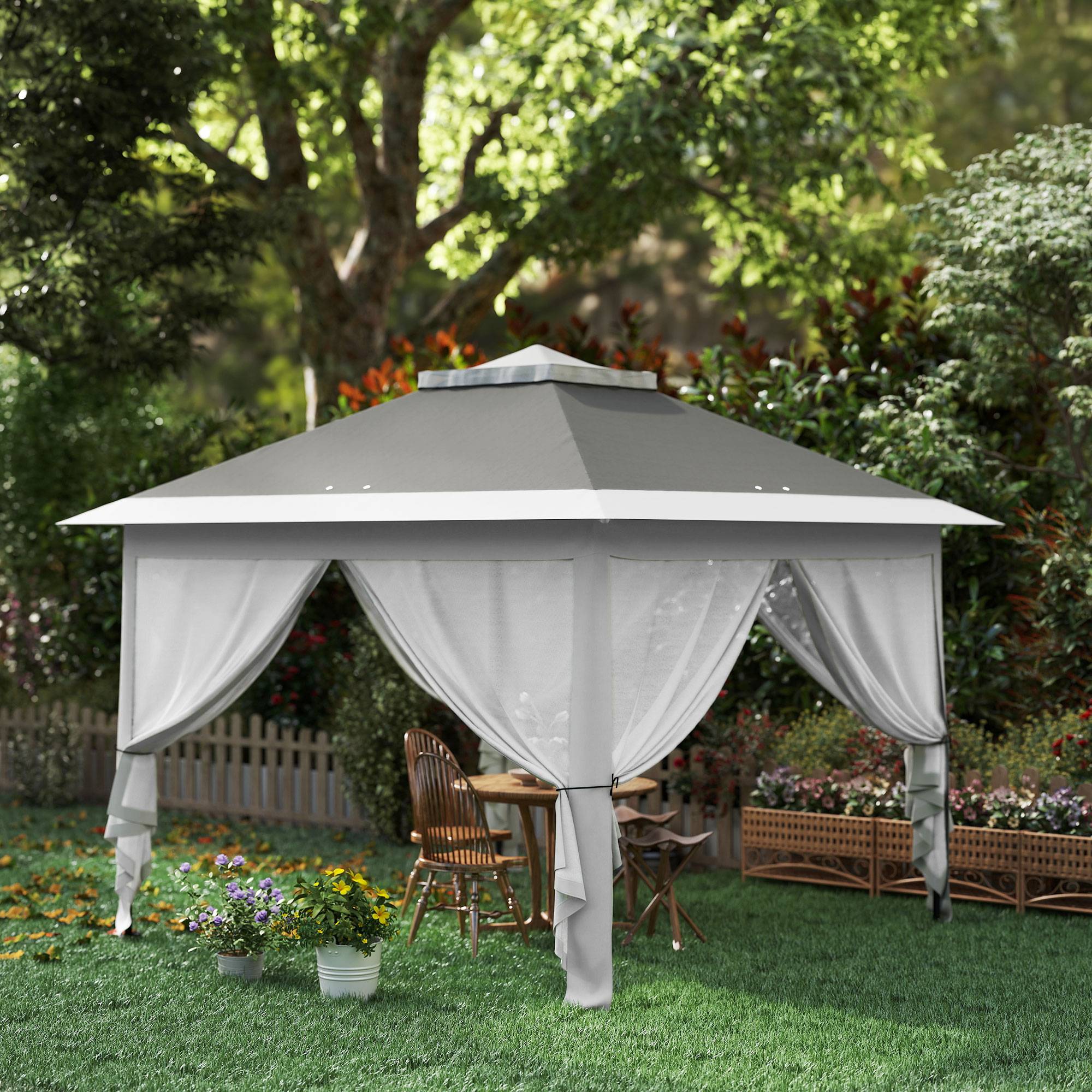 Tente pliante pop-up 3,3 x 3,3 m, hauteur réglable, double toit, moustiquaires amovibles et sac de transport inclus, gris anti-UV - Image 10