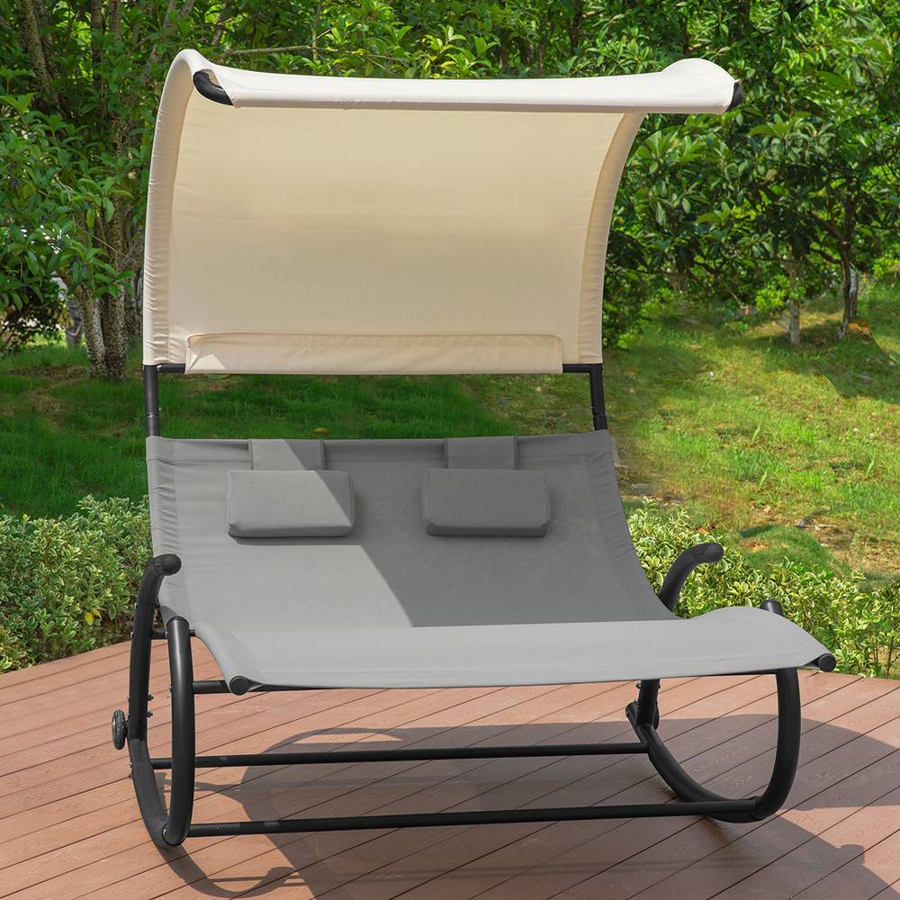 Bain de Soleil Transat à Bascule 2 Places avec Auvent et Assise Dossier Gris L.184 x l.140 x H.180 cm SoBuy - Image 2
