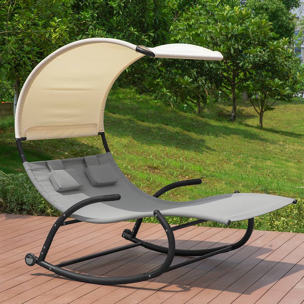 Bain de Soleil Transat à Bascule 2 Places avec Auvent et Assise Dossier Gris L.184 x l.140 x H.180 cm SoBuy - Image 9