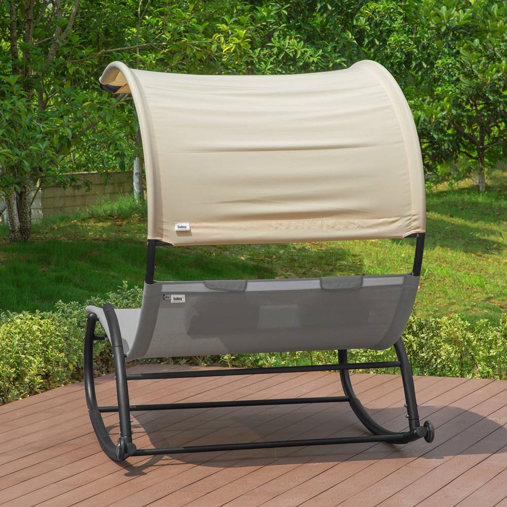 Bain de Soleil Transat à Bascule 2 Places avec Auvent et Assise Dossier Gris L.184 x l.140 x H.180 cm SoBuy - Image 10