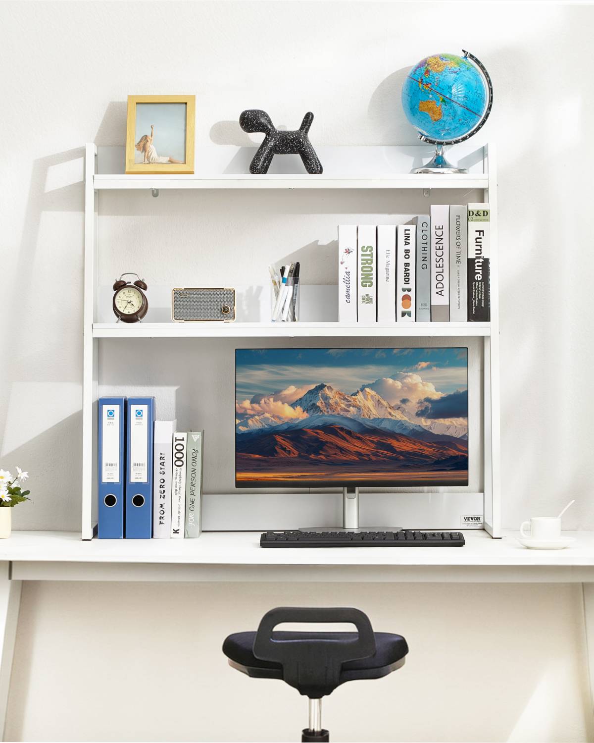 VEVOR Étagère poser bureau 2 niveaux, 95x32x90cm, bois, antidérapant, bureau, blanc. - Image 7