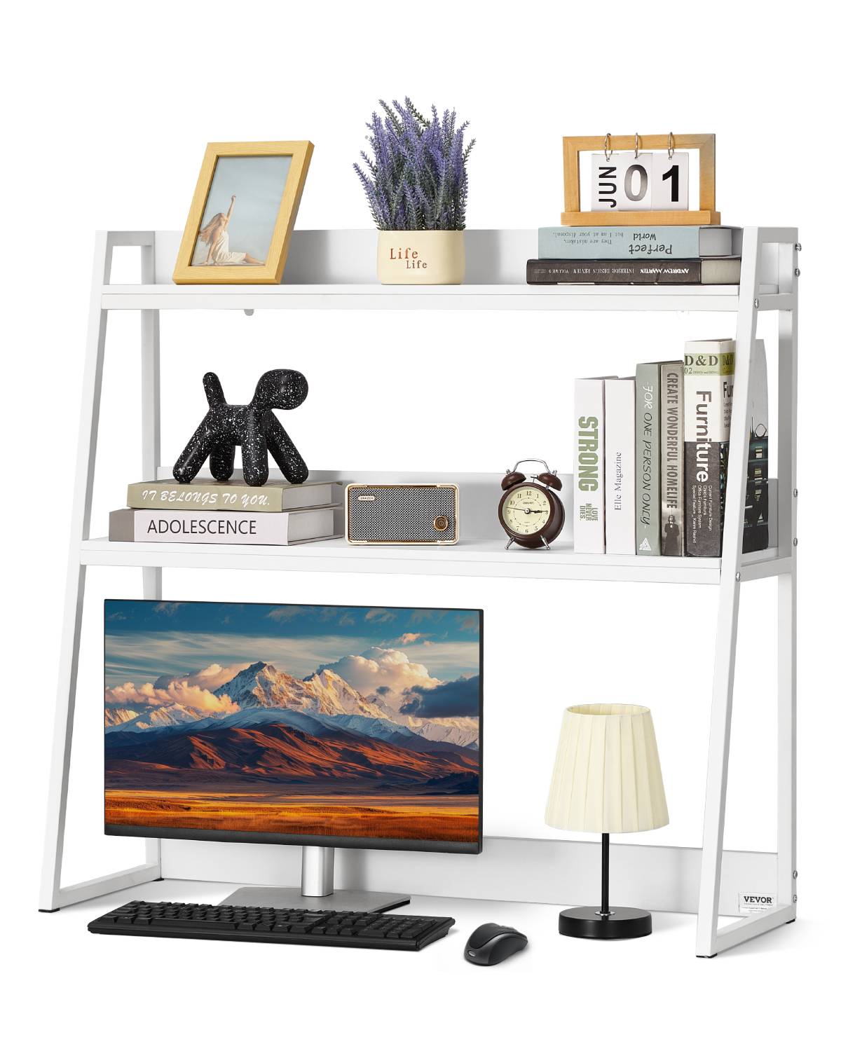 VEVOR Étagère poser bureau 2 niveaux, 95x32x90cm, bois, antidérapant, bureau, blanc. - Image 1