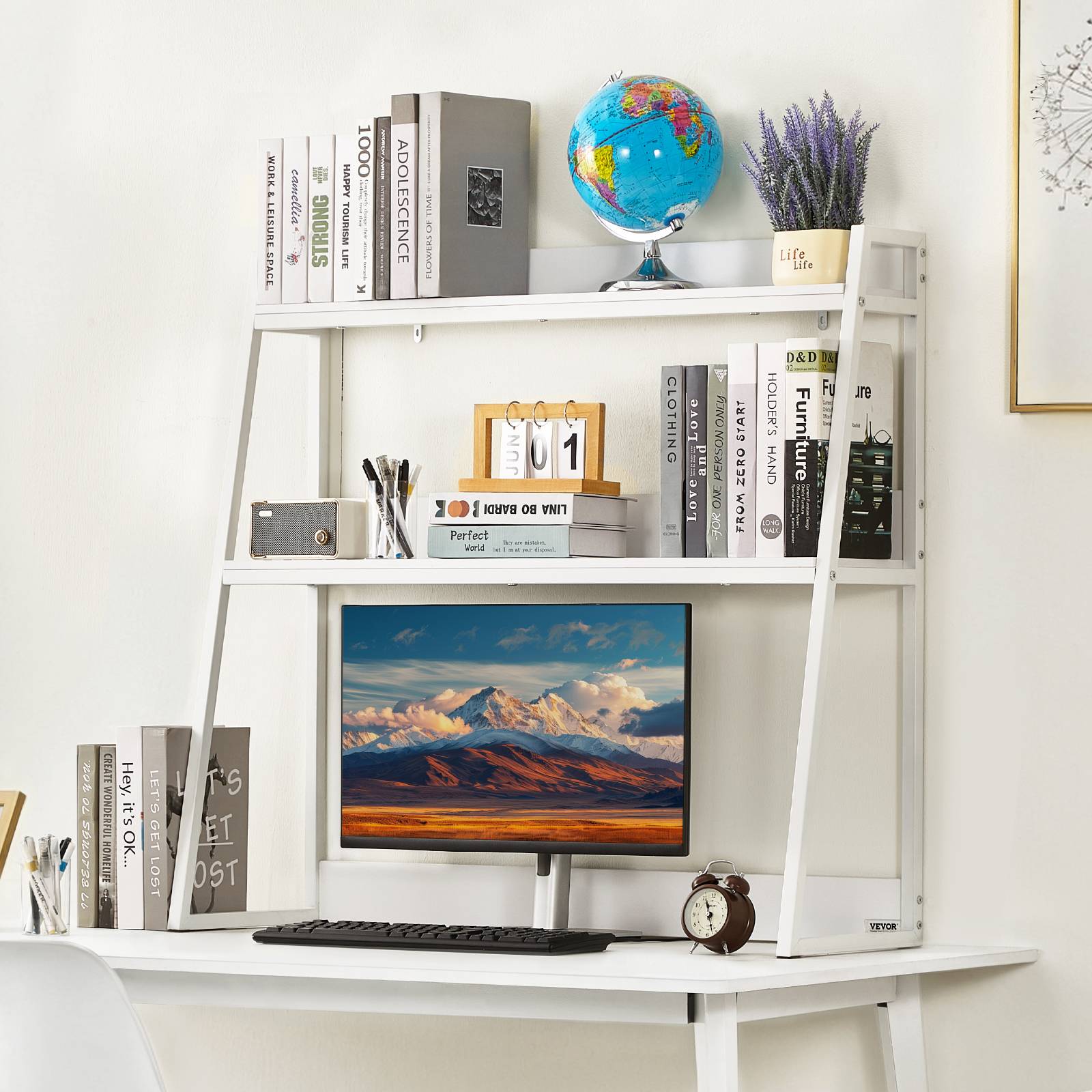 VEVOR Étagère poser bureau 2 niveaux, 95x32x90cm, bois, antidérapant, bureau, blanc. - Image 8