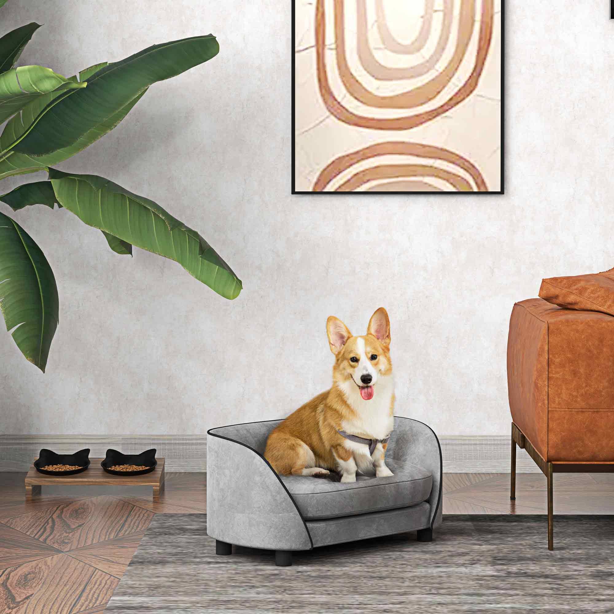 Sans Marque - Canapé pour chien avec coussin doux housse amovible et lavable revêtement en velours néerlandais gris - Image 3