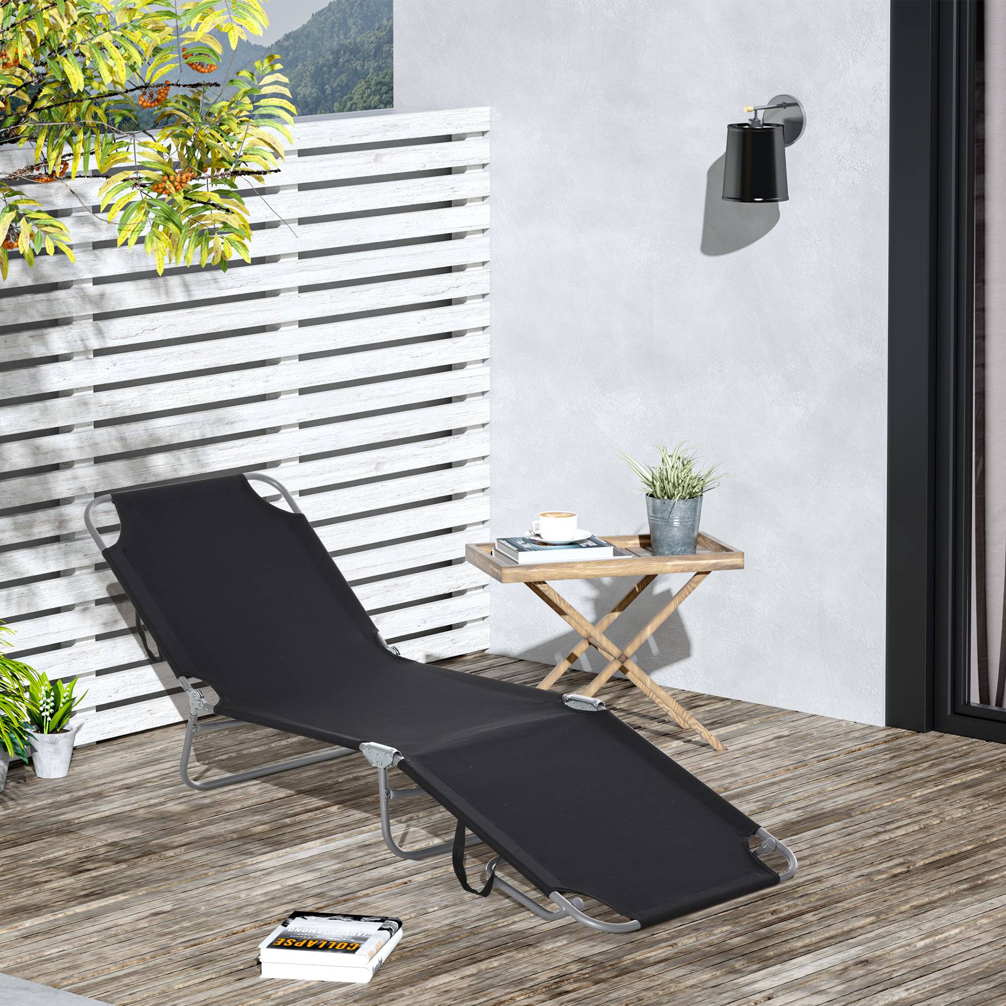 Bain de Soleil transat Pliable Dossier réglable Multipositions métal et Polyester Noir - Image 3