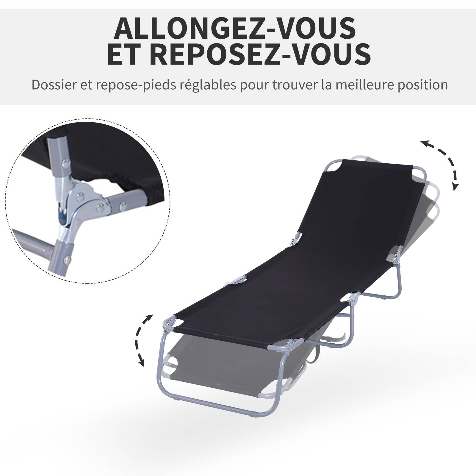 Bain de Soleil transat Pliable Dossier réglable Multipositions métal et Polyester Noir - Image 6