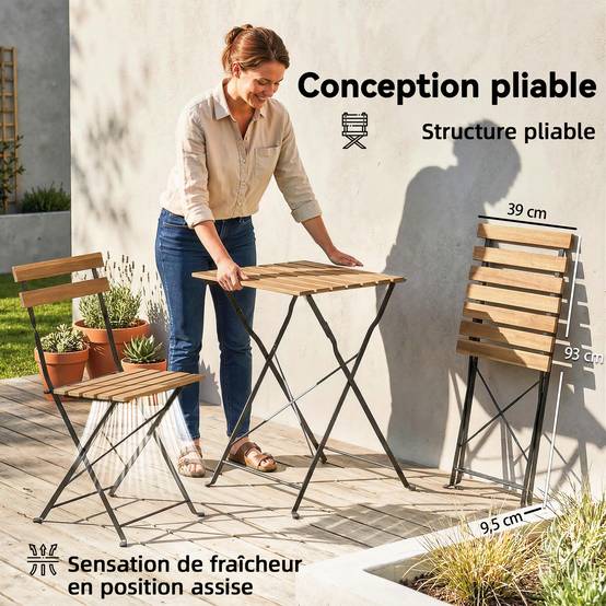 Ensemble de jardin bistro 3 pièces | Mobilier de jardin Finition bois naturel Métal, bois d'acacia 55x55x71 cm - Image 6
